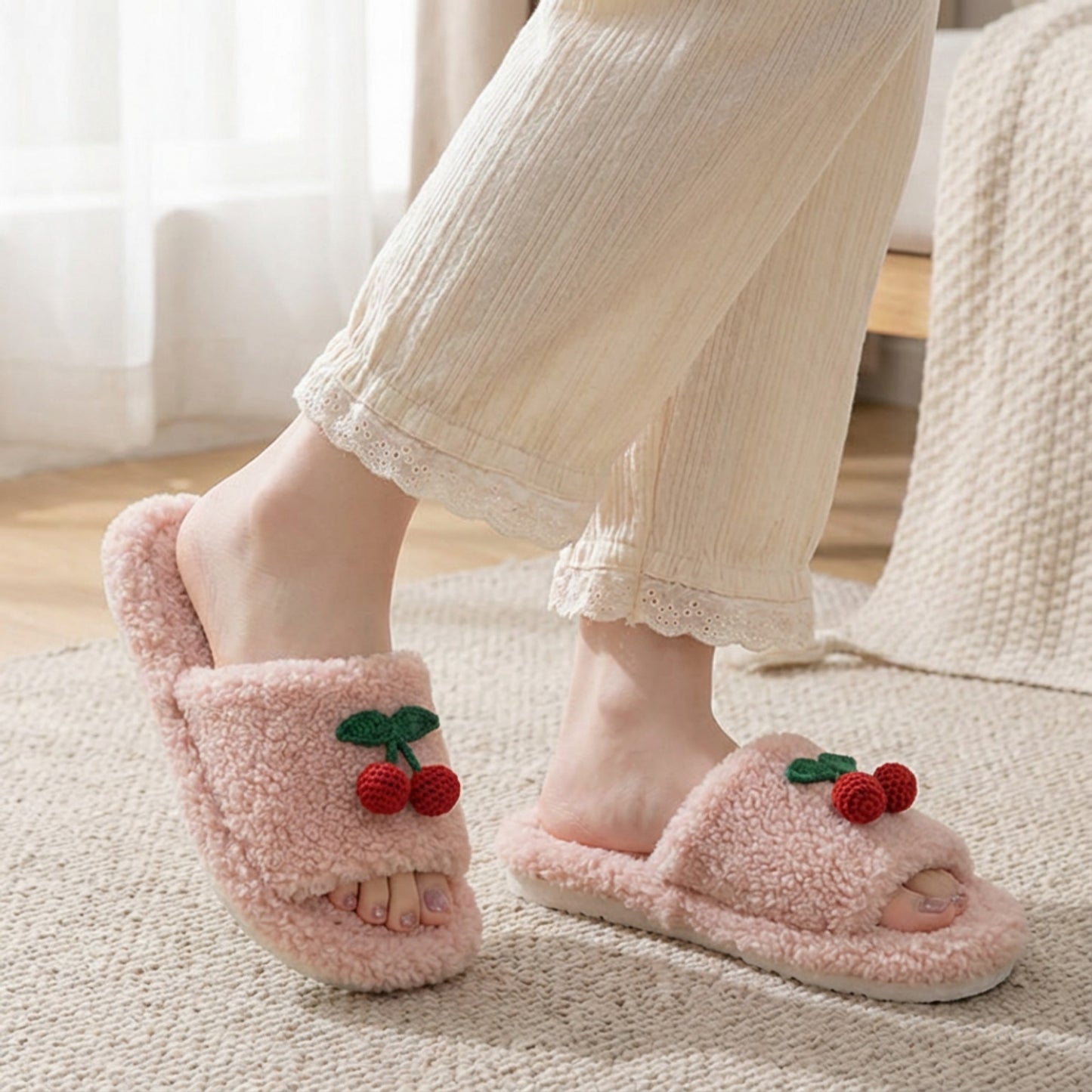Lounge Women¡¯s Plush Open-Toe Slide Slippers with Valentine Soft Fleece Texture and Cherry Applique Detail