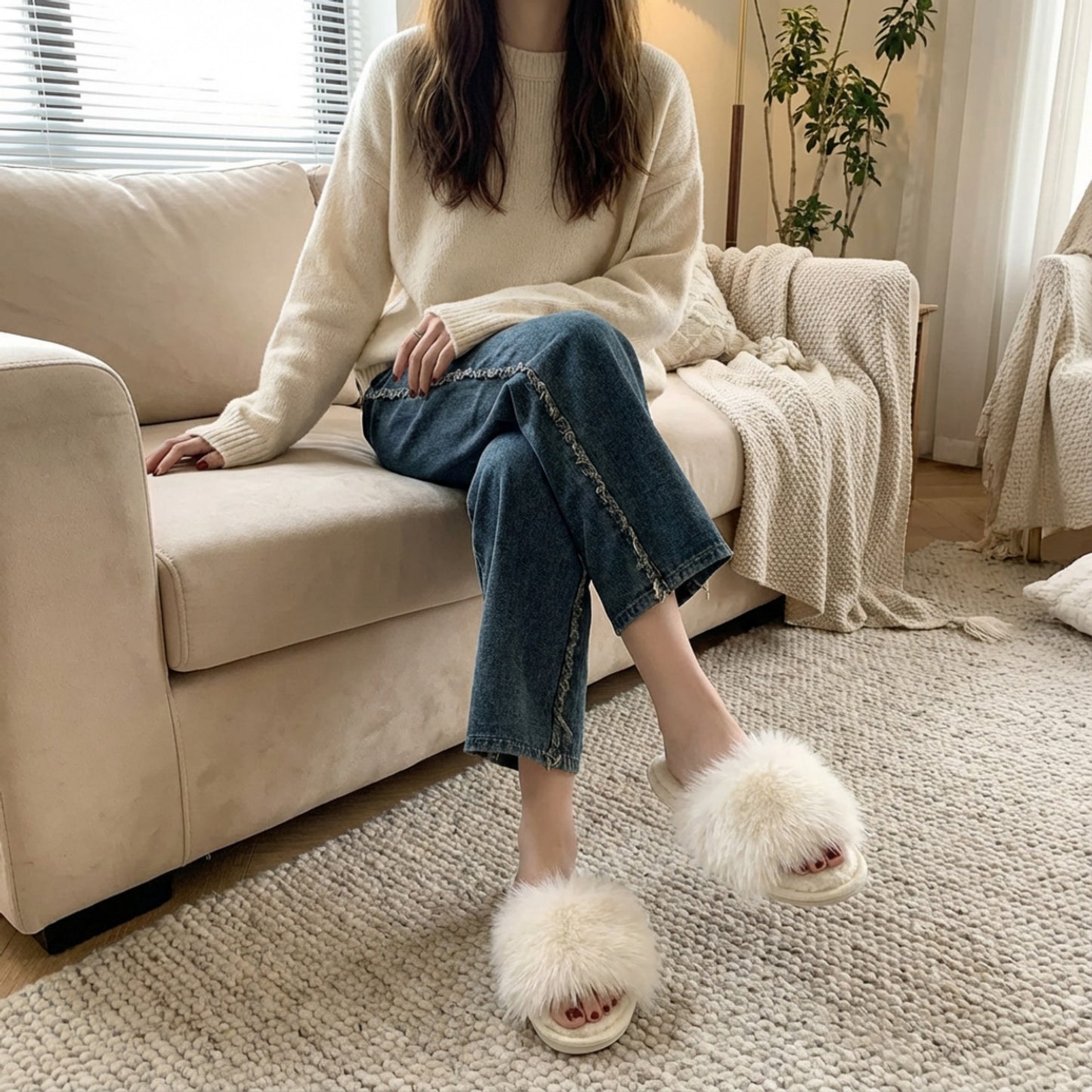 Lounge Women¡¯s Plush Faux Fur Slide Slippers with Soft Cushioned Footbed and Indoor Sole