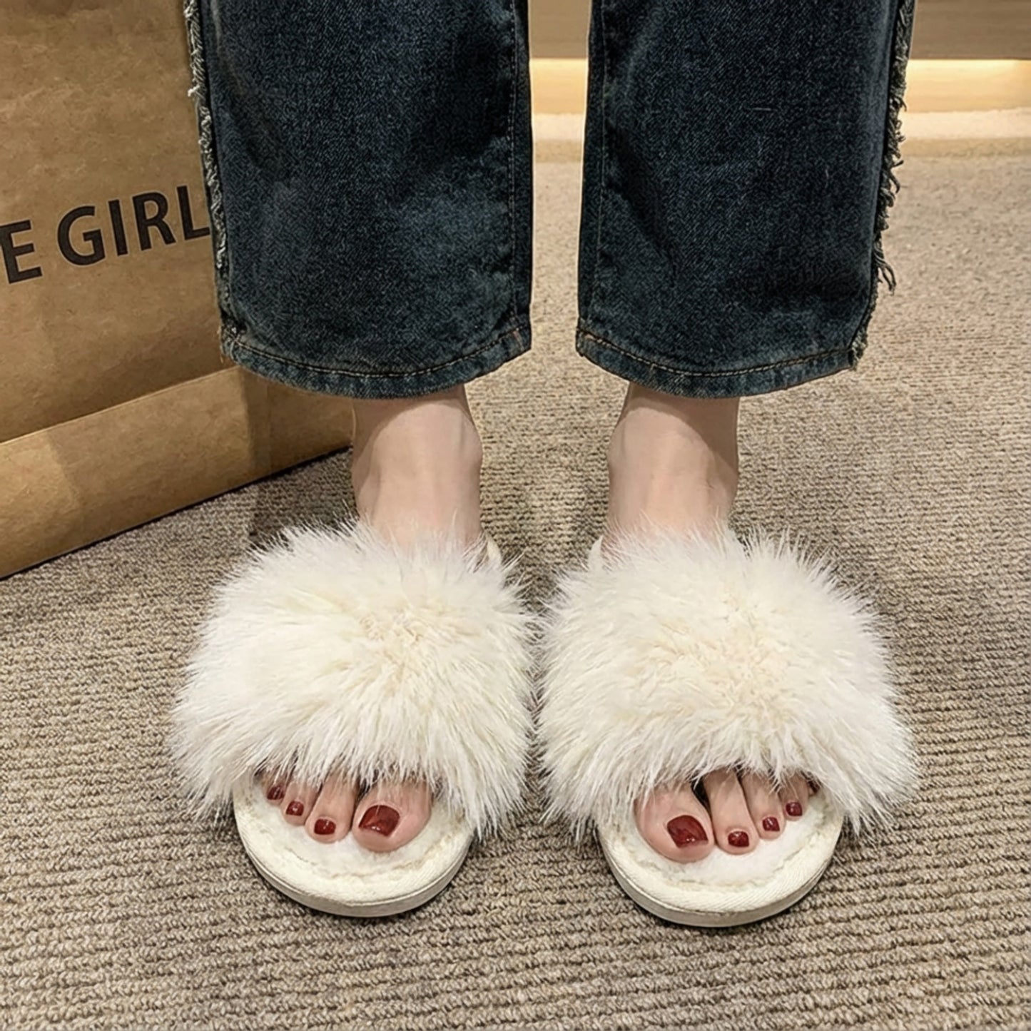 Lounge Women¡¯s Plush Faux Fur Slide Slippers with Soft Cushioned Footbed and Indoor Sole