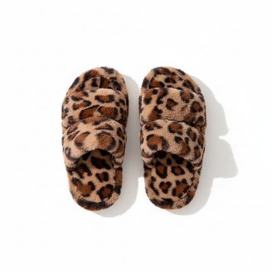 Lounge Women¡¯s Leopard Print Faux Fur Slide Slippers with Cushioned Footbed and Indoor Outdoor Sole