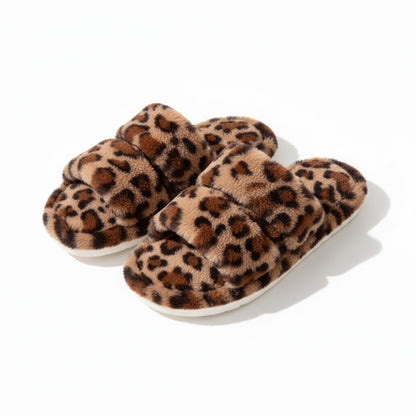 Lounge Women¡¯s Leopard Print Faux Fur Slide Slippers with Cushioned Footbed and Indoor Outdoor Sole