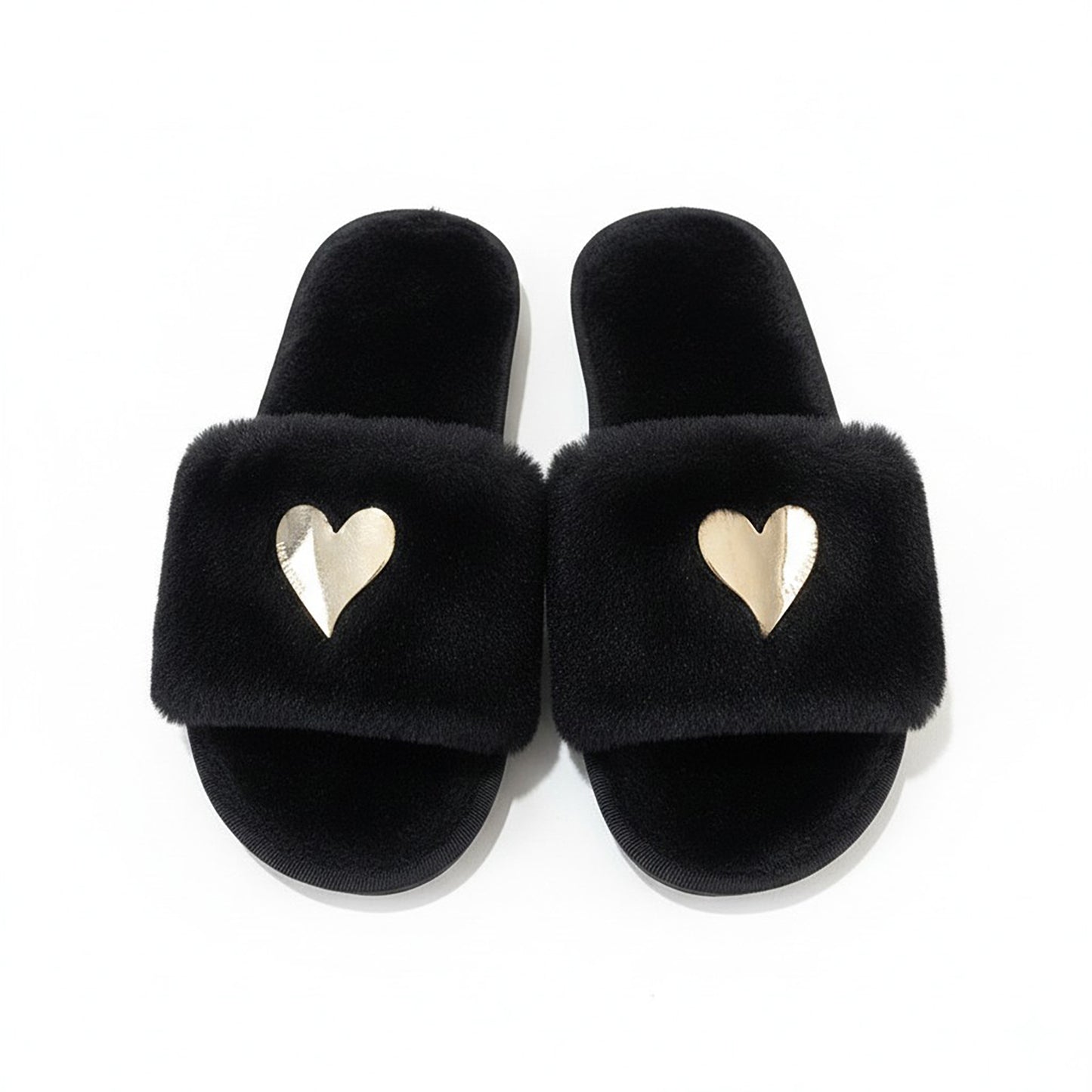 Plush Slide House Slippers with Valentine Metallic Heart Accent and Cushioned Footbed