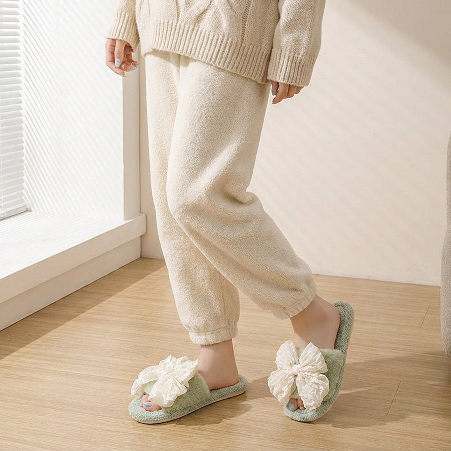 Plush Slide House Slippers with Valentine Ruffled Bow Detail and Cushioned Footbed