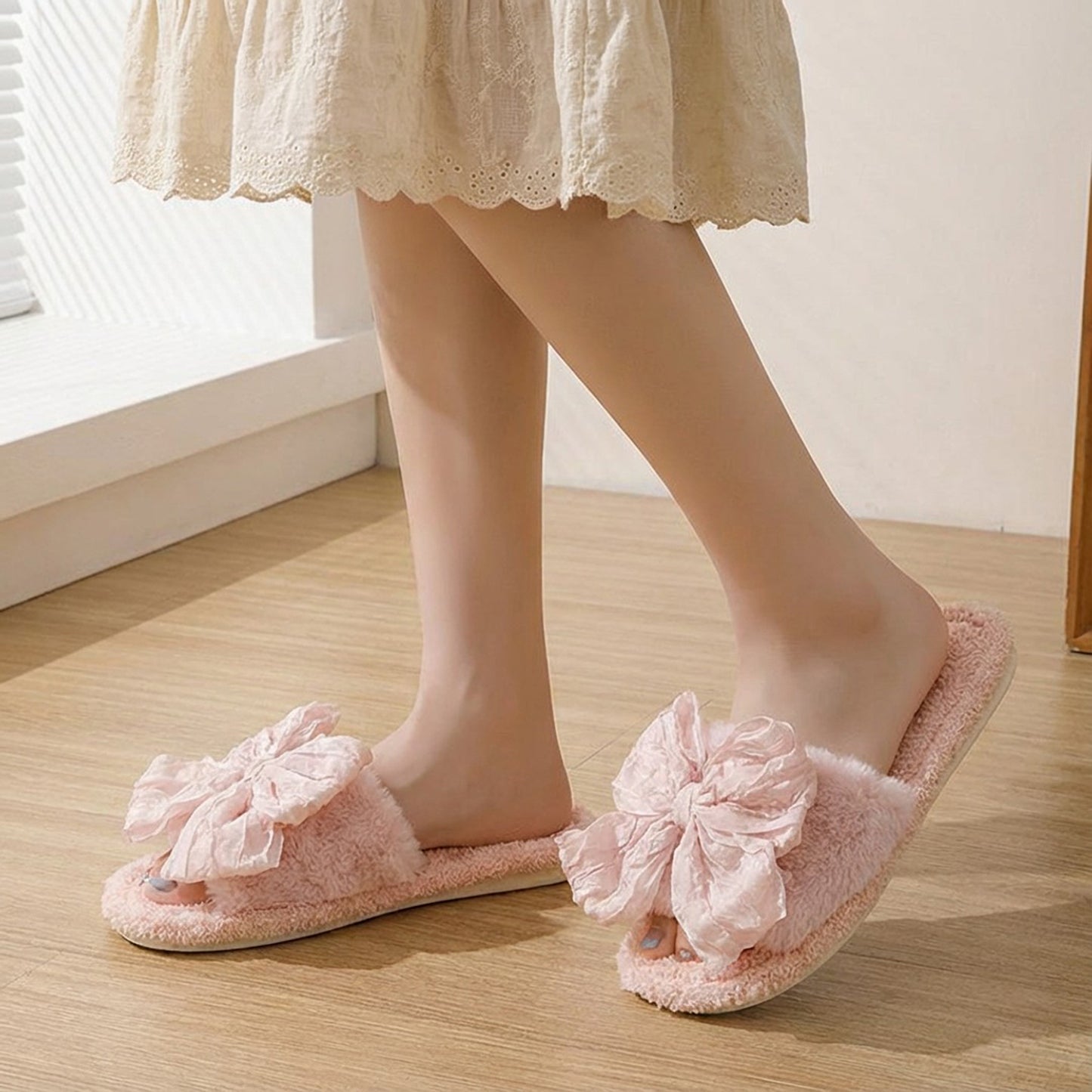 Plush Slide House Slippers with Valentine Ruffled Bow Detail and Cushioned Footbed