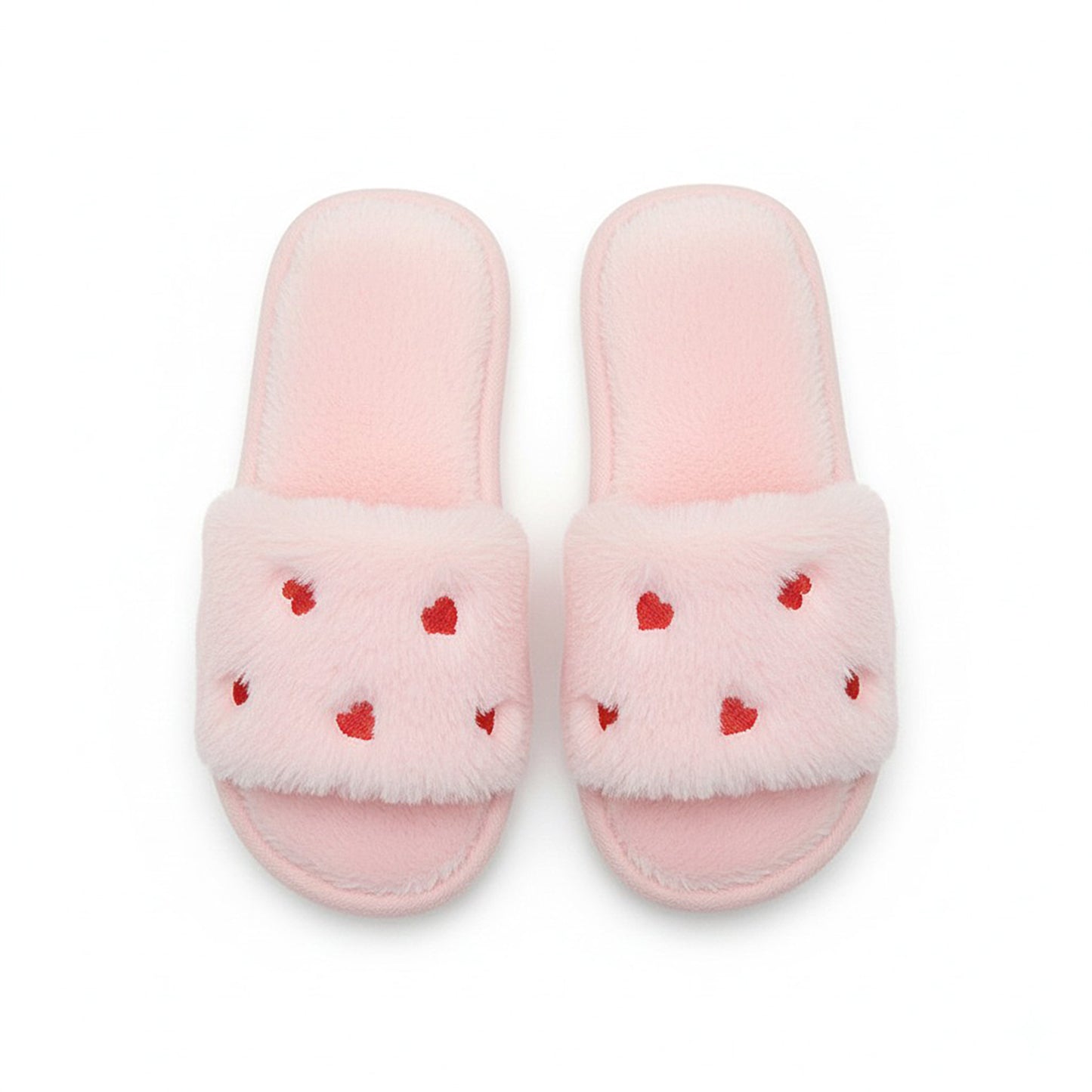 Plush Slide House Slippers with Valentine Heart Pattern Upper and Cushioned Footbed