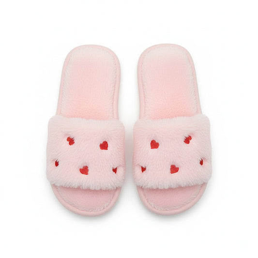 Plush Slide House Slippers with Valentine Heart Pattern Upper and Cushioned Footbed