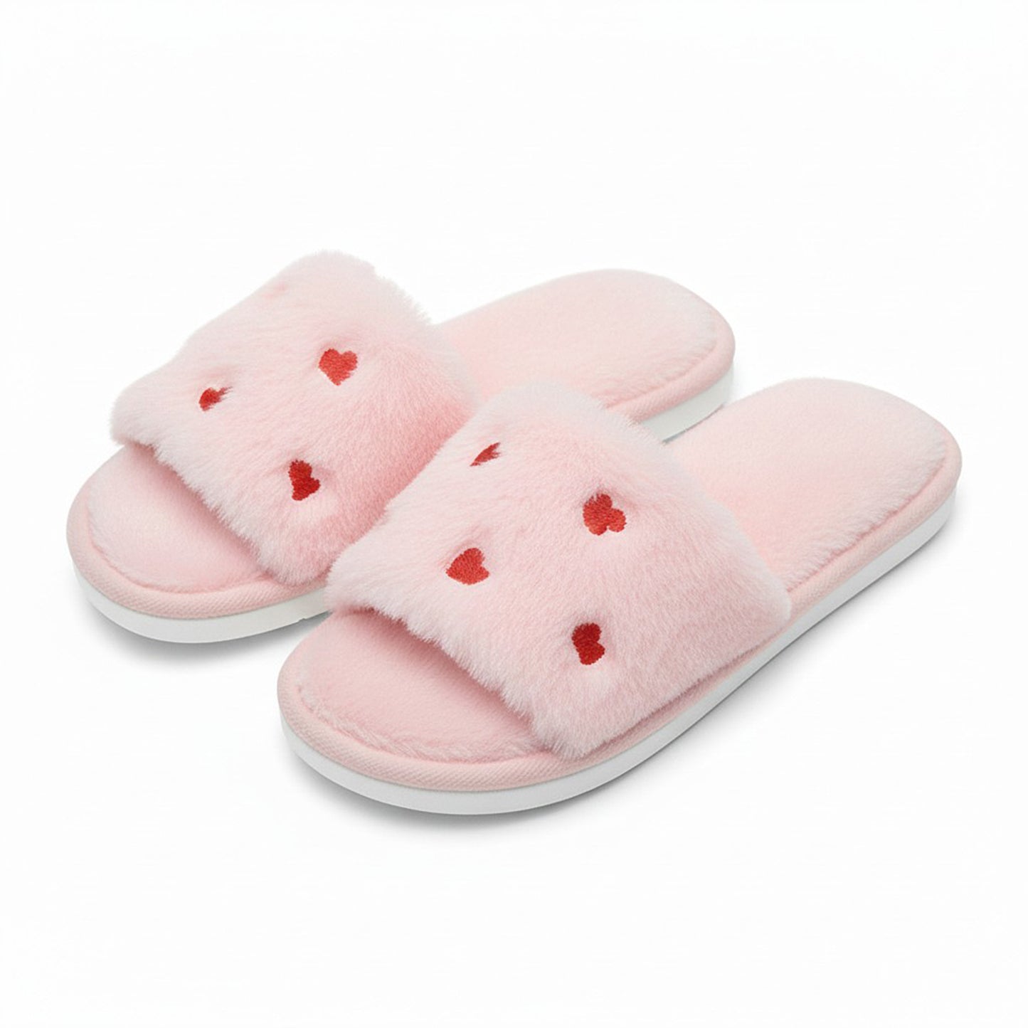 Plush Slide House Slippers with Valentine Heart Pattern Upper and Cushioned Footbed