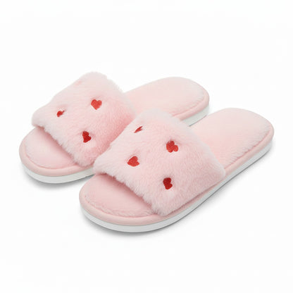 Plush Slide House Slippers with Valentine Heart Pattern Upper and Cushioned Footbed