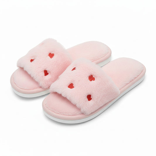 Plush Slide House Slippers with Valentine Heart Pattern Upper and Cushioned Footbed