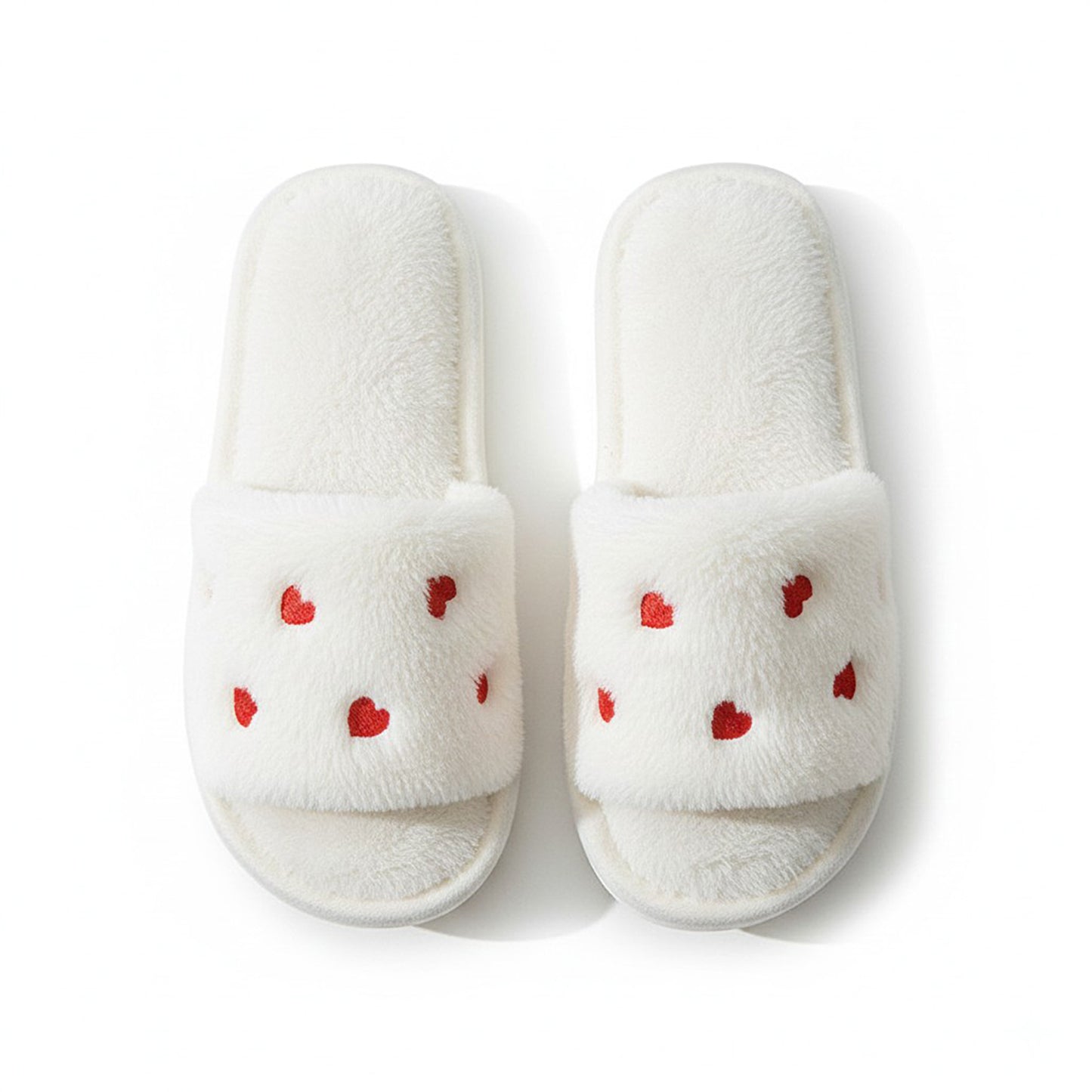 Plush Slide House Slippers with Valentine Heart Pattern Upper and Cushioned Footbed