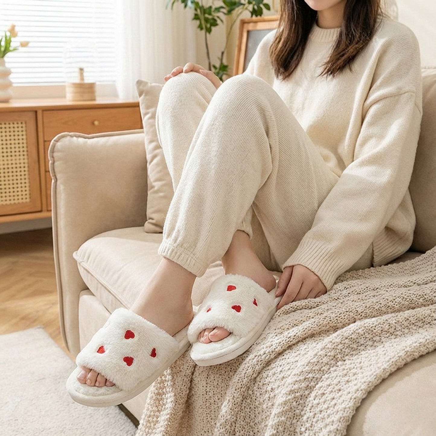 Plush Slide House Slippers with Valentine Heart Pattern Upper and Cushioned Footbed