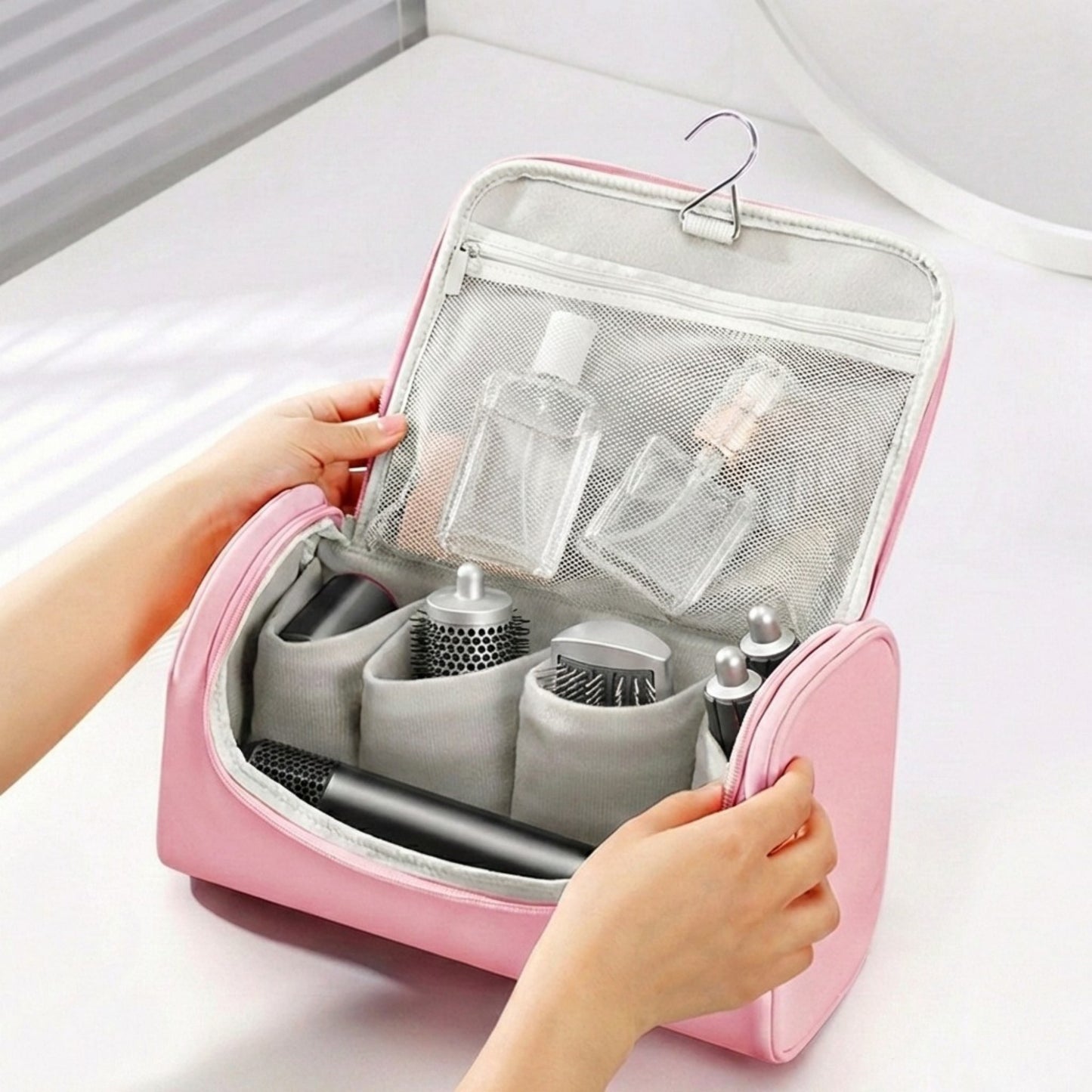 Portable Makeup Organizer Case with Multiple Compartments and Top Handle