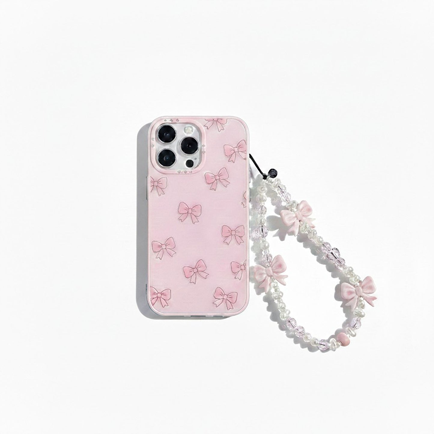 3-PC Beaded Bow Phone Charm Strap with Pearl-Style Beads and Decorative Accents