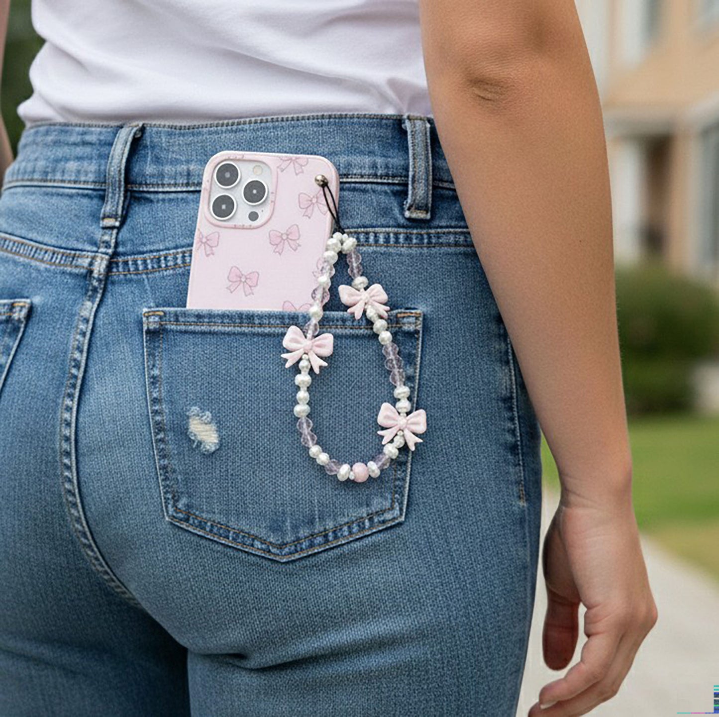 3-PC Beaded Bow Phone Charm Strap with Pearl-Style Beads and Decorative Accents