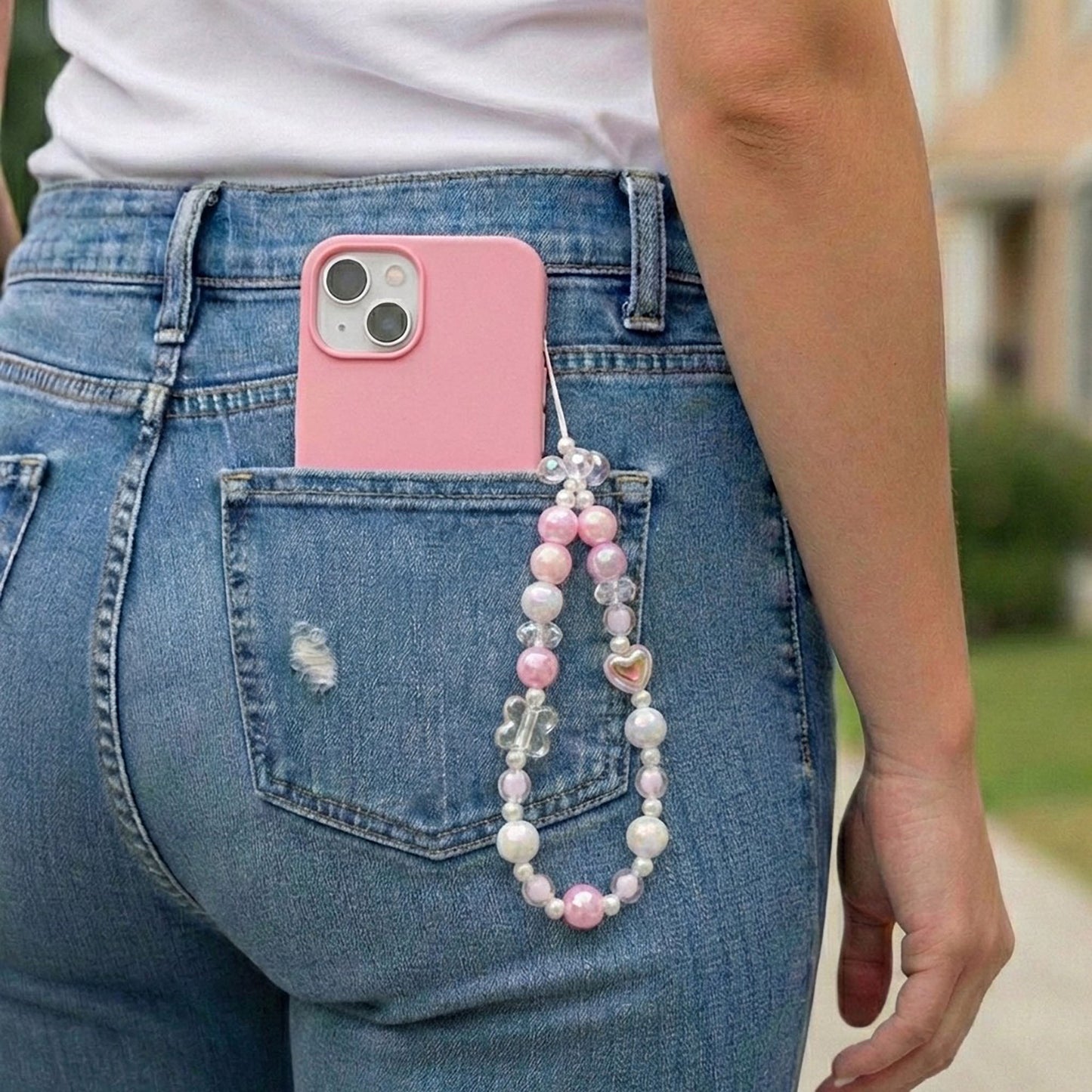 3-PC Iridescent Beaded Phone Charm Strap with Heart Accent