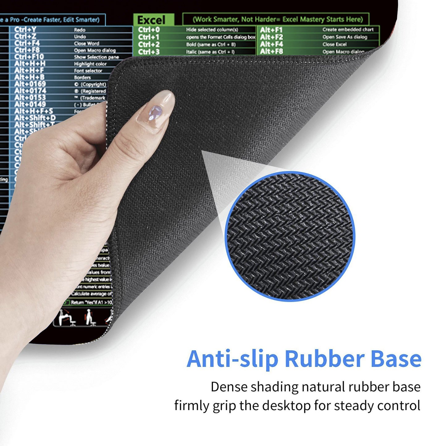 Extended Desk Mouse Pad with Office Shortcut Guide Smooth Surface Non Slip Rubber Base