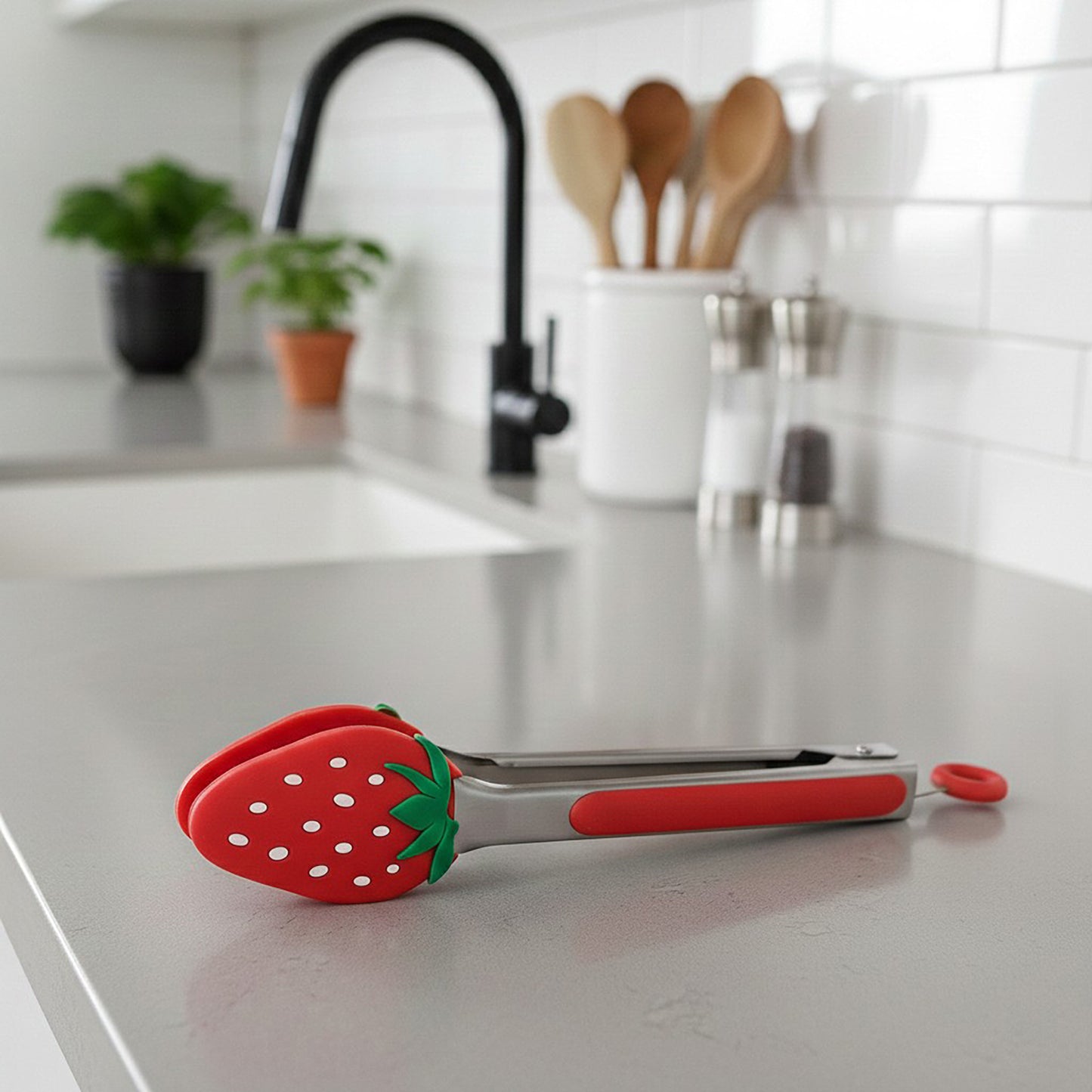 Strawberry Shaped Kitchen Tongs with Non-Slip Grip and Locking Ring