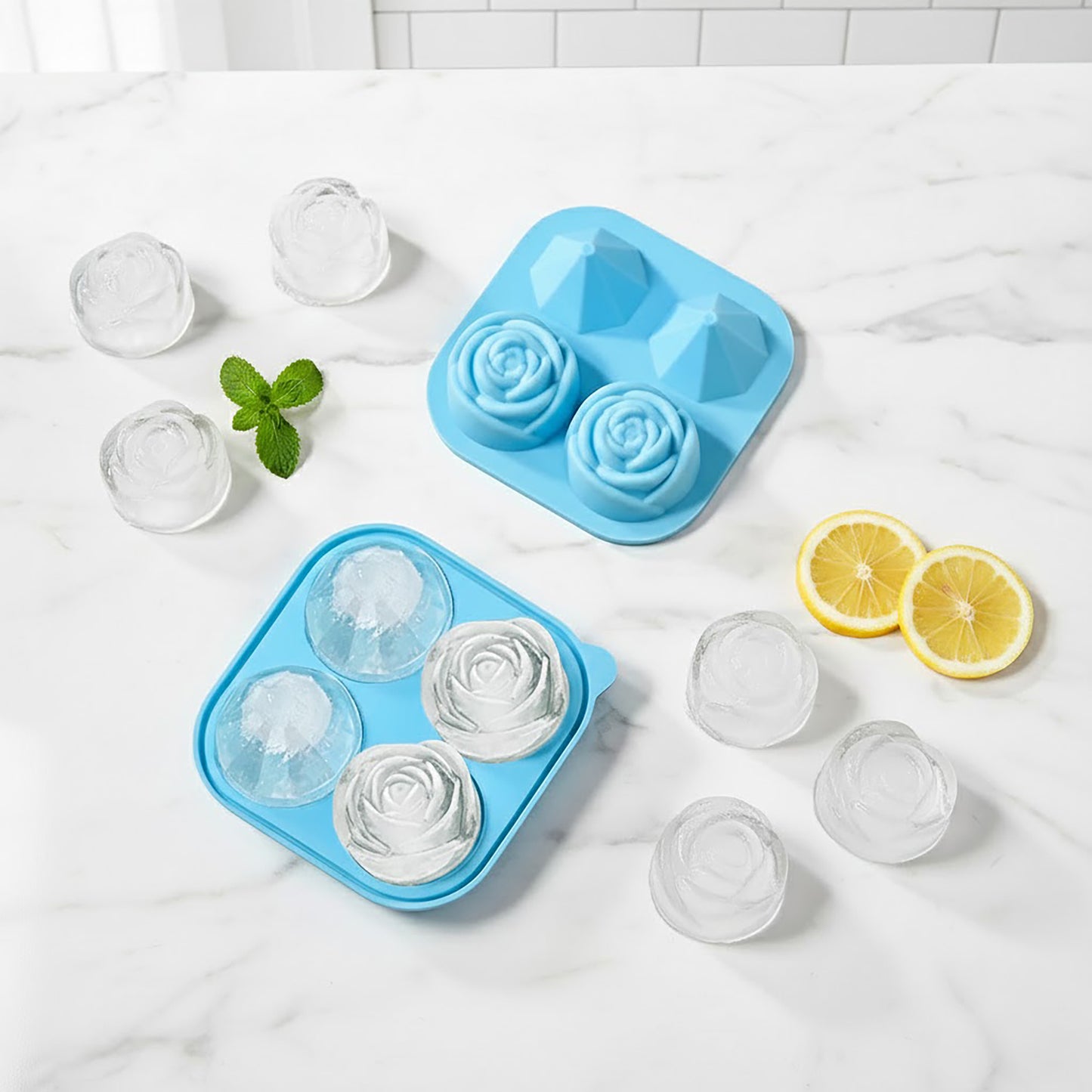 2-PC Large Ice Cube Tray Set with Rose and Diamond Shape Molds Flexible Silicone Easy Release Design