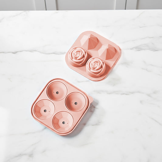 2-PC Large Ice Cube Tray Set with Rose and Diamond Shape Molds Flexible Silicone Easy Release Design