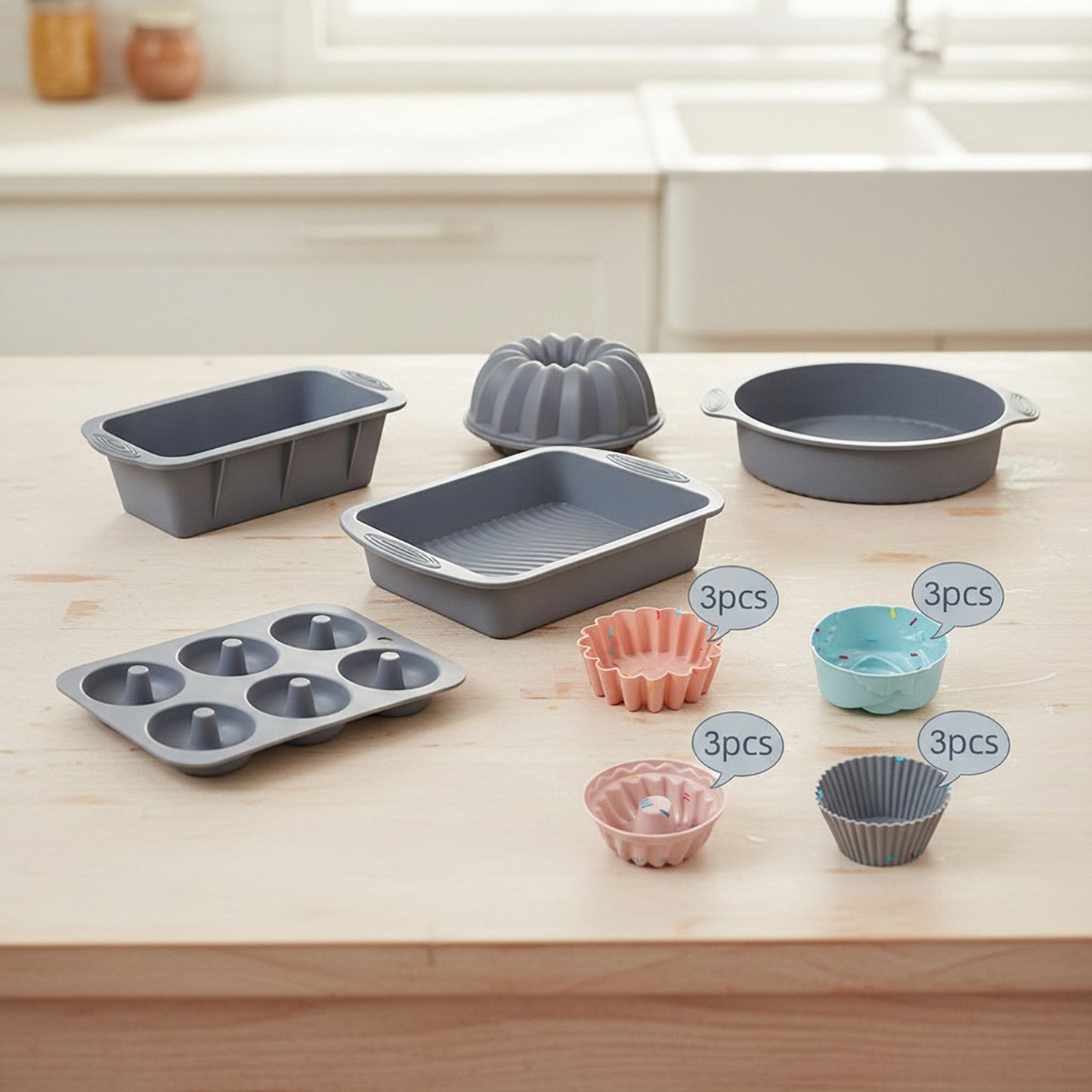 Silicone Bakeware Set with Loaf Pan Bundt Mold Round Pan and Muffin Cups