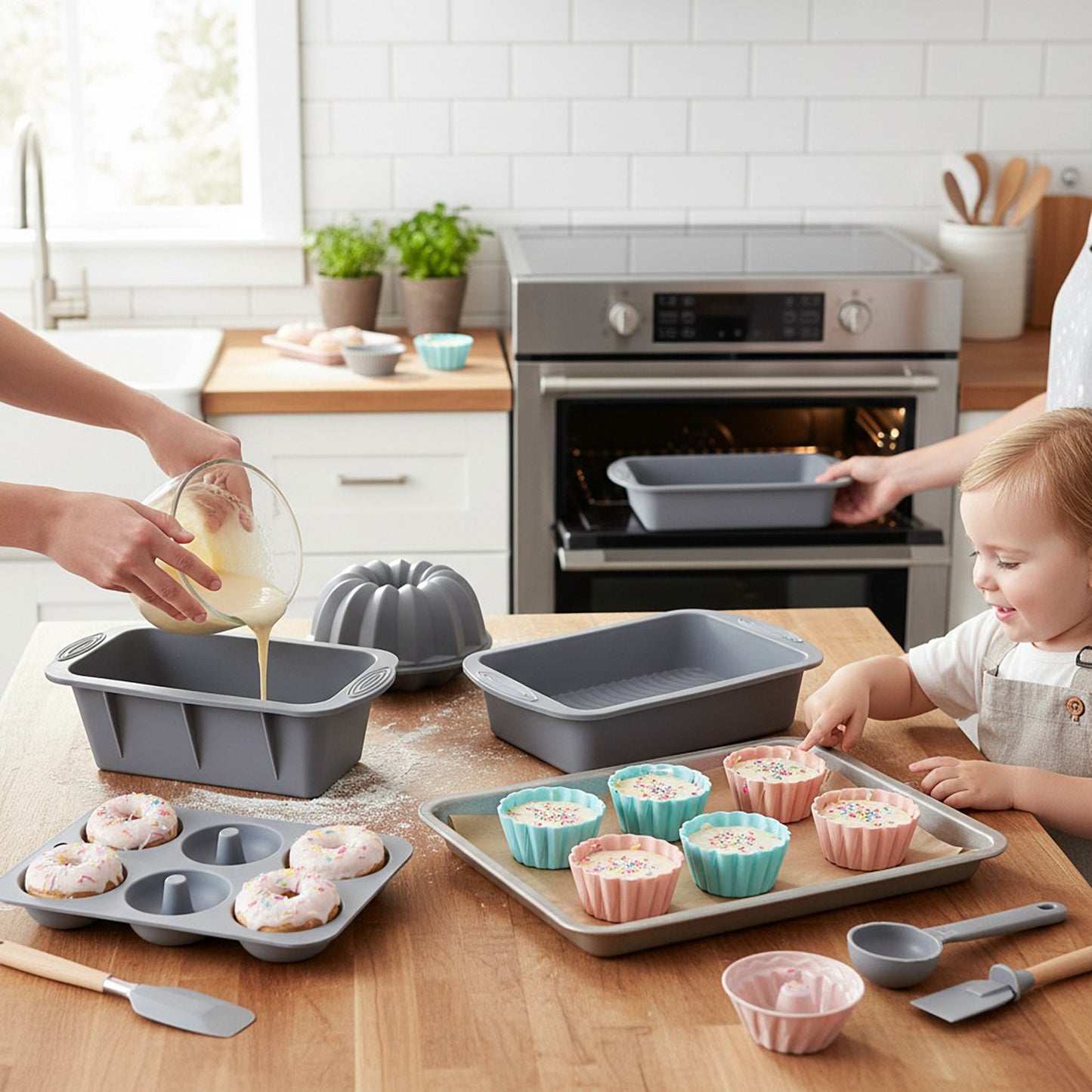 Silicone Bakeware Set with Loaf Pan Bundt Mold Round Pan and Muffin Cups