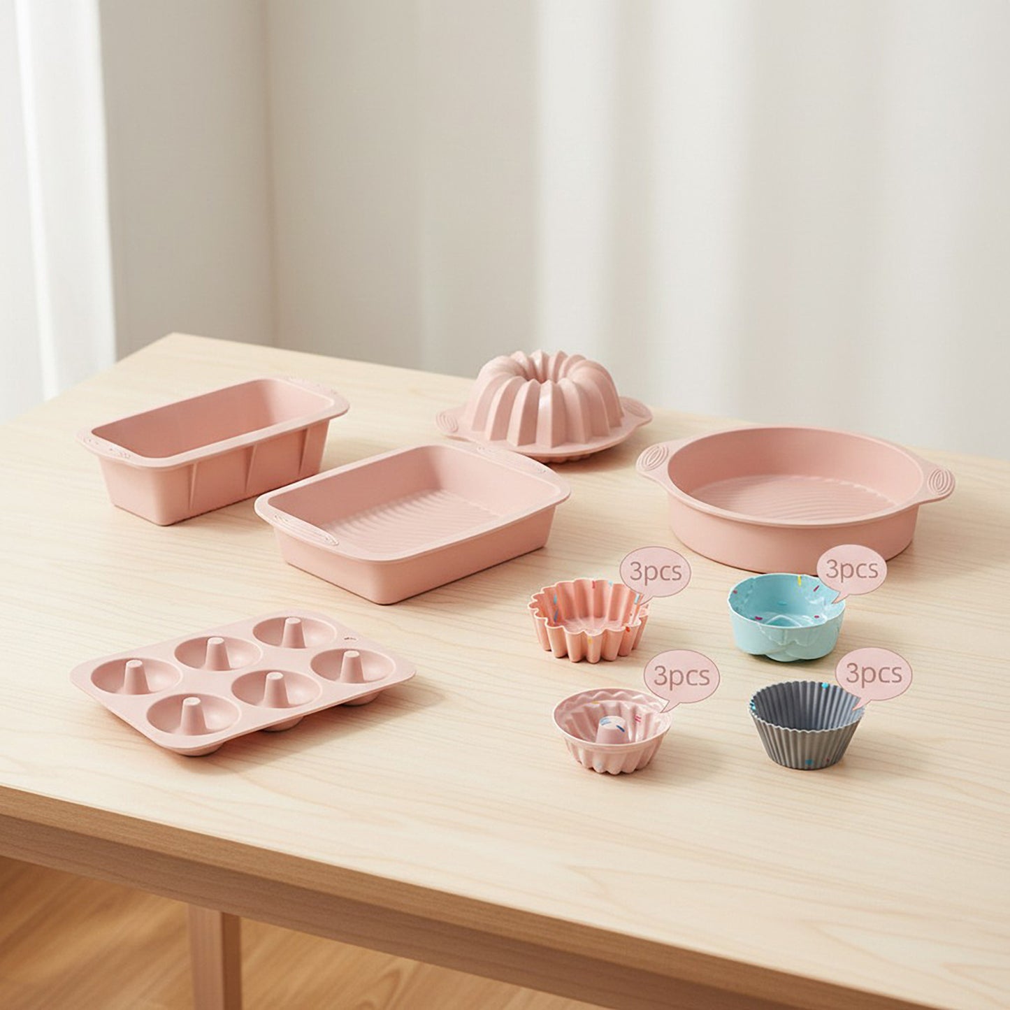 Silicone Bakeware Set with Loaf Pan Bundt Mold Round Pan and Muffin Cups