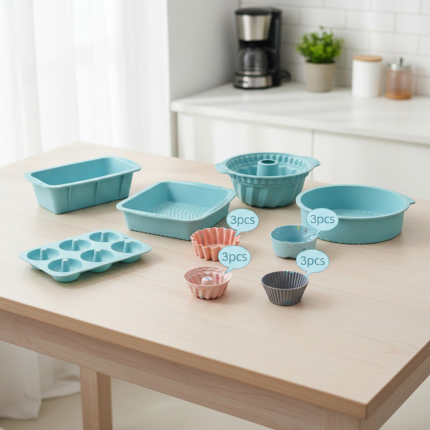 Silicone Bakeware Set with Loaf Pan Bundt Mold Round Pan and Muffin Cups