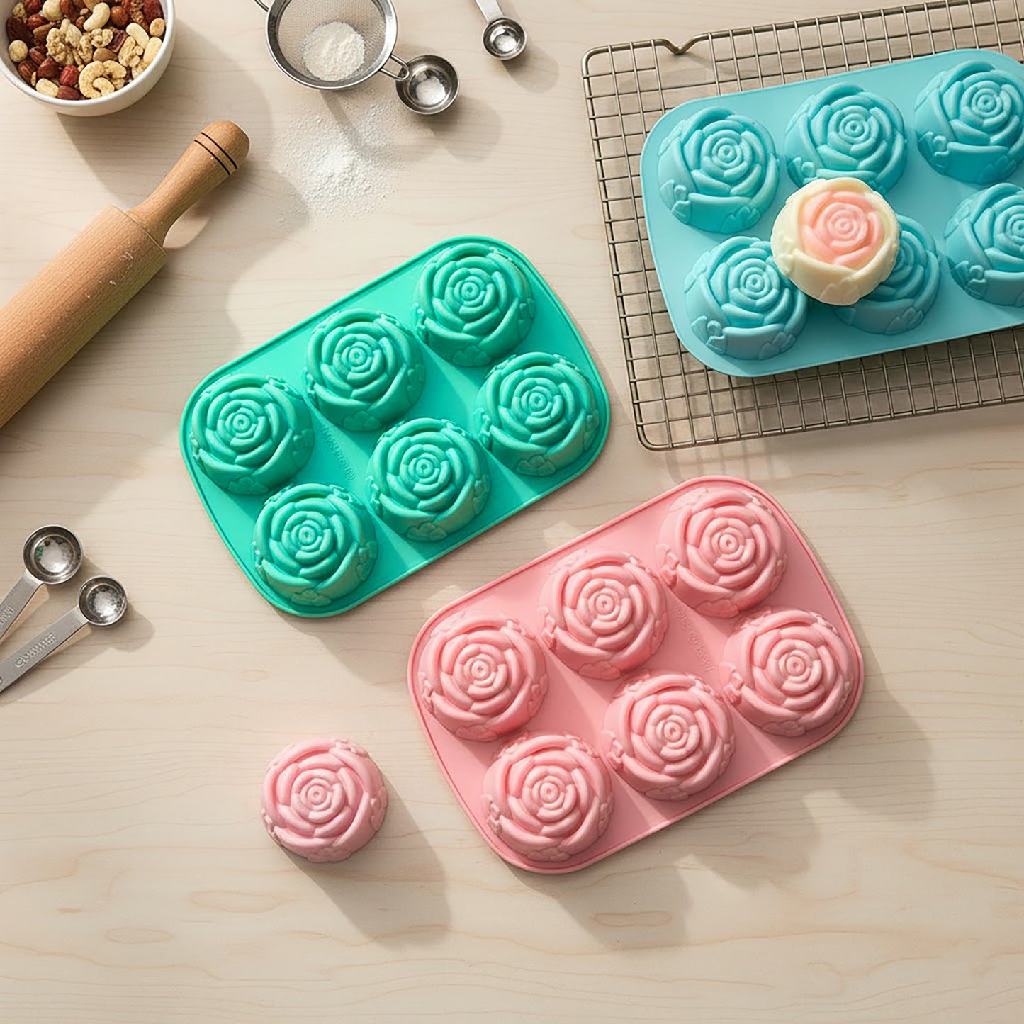 3-Piece Rose Swirl Silicone Baking Mold Set Round Flower Cake Chocolate Candy Soap Mold