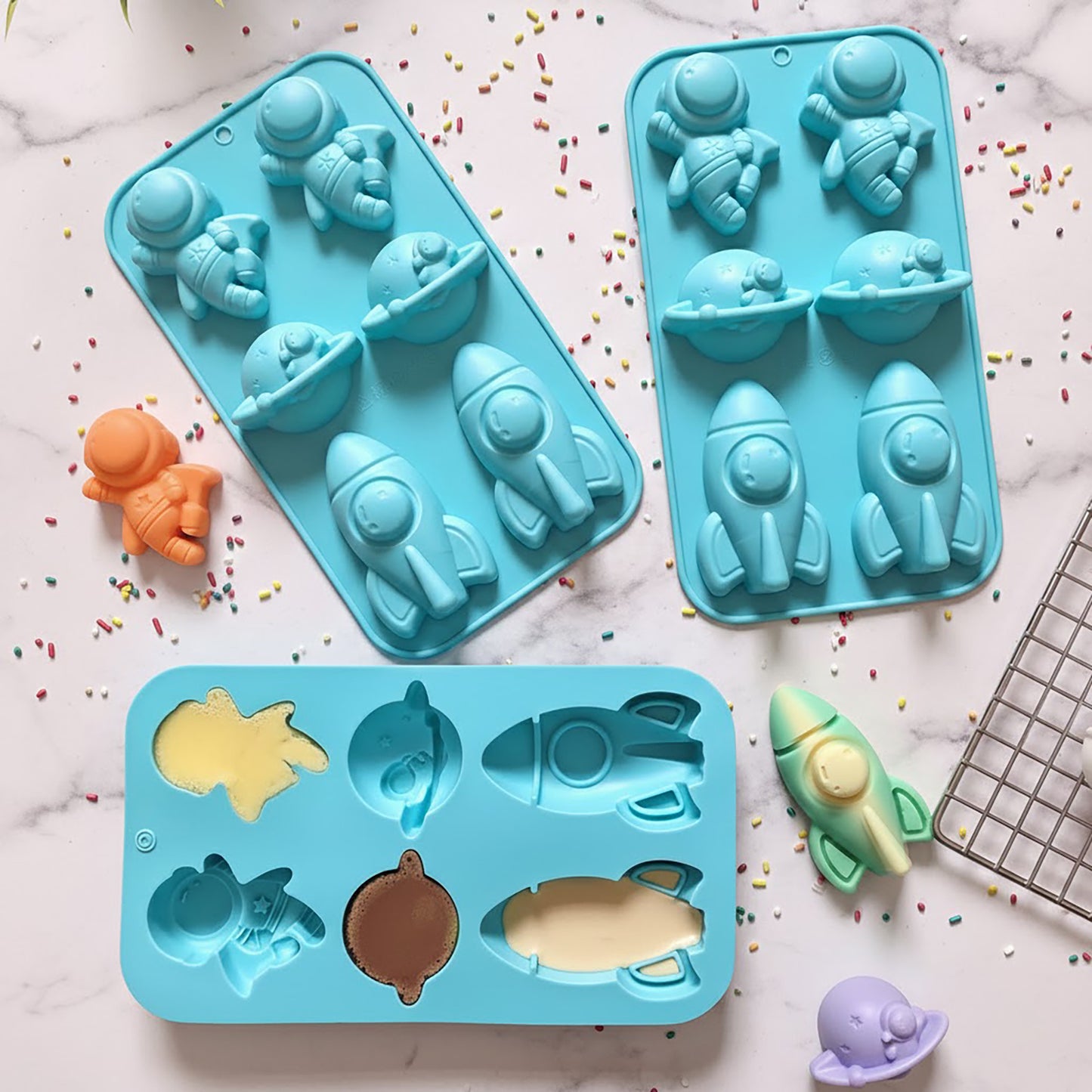 3-Piece Space Theme Silicone Baking Mold Set Rocket Astronaut Cake Chocolate Candy Soap Mold