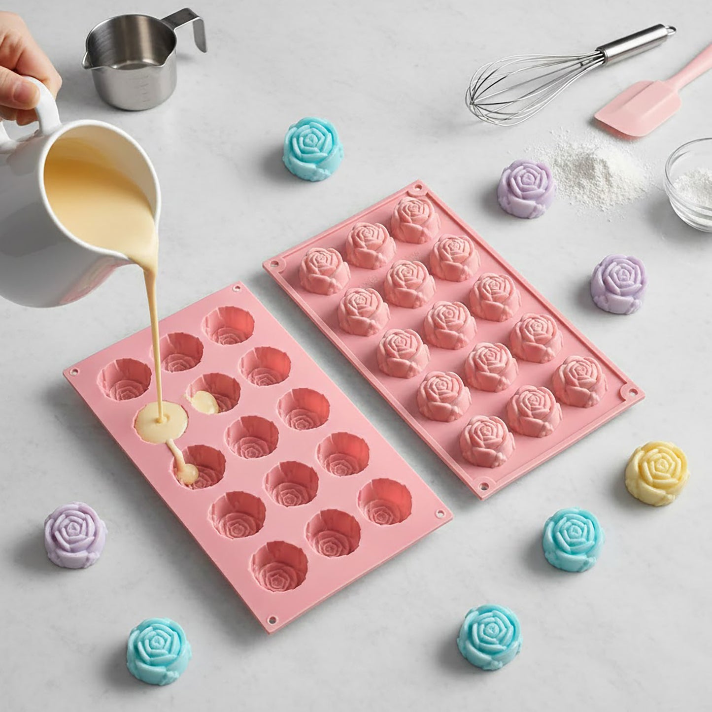 3-Piece Rose Flower Silicone Baking Mold Set Mini Round Cake Chocolate Candy Soap Mold