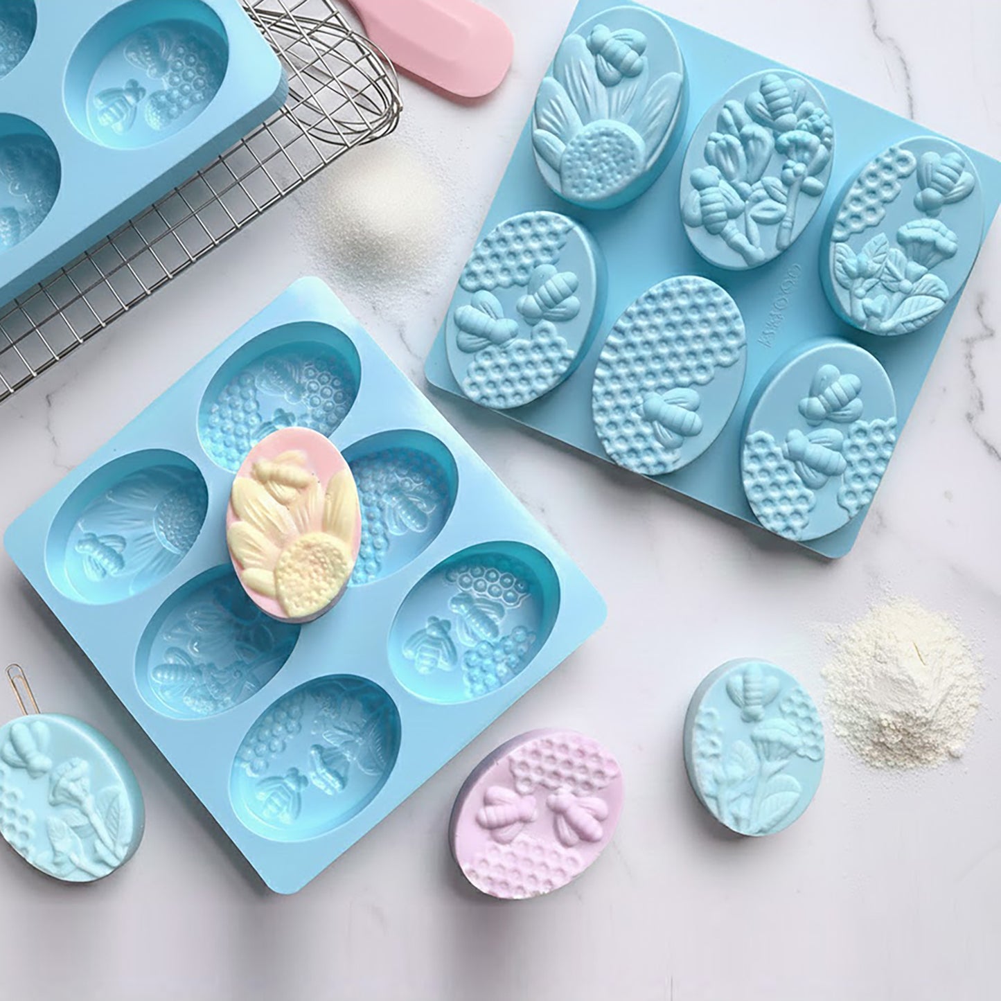 3-Piece Bee and Honeycomb Silicone Baking Mold Set Oval Cake Chocolate Candy Soap Mold