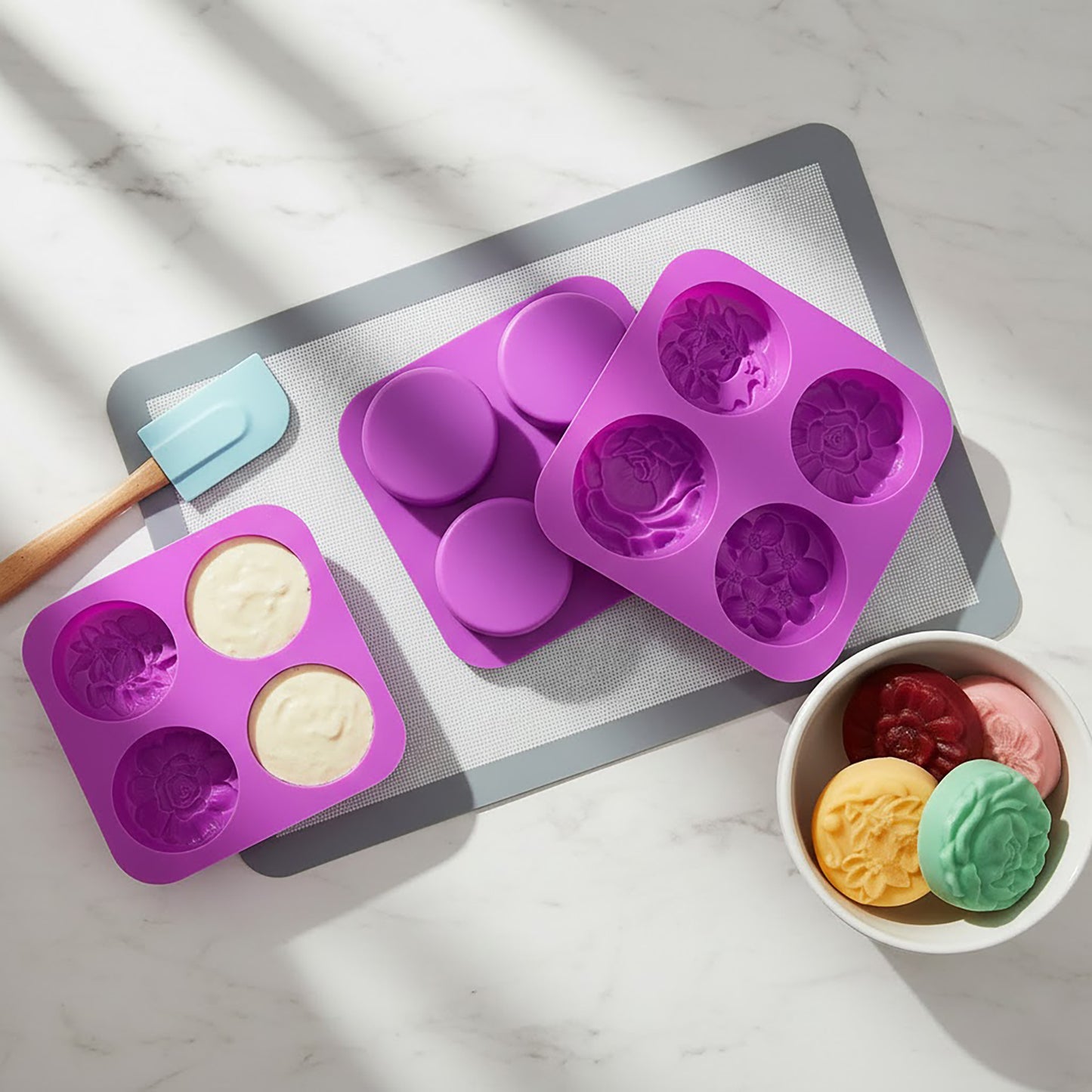 3-Piece Floral Silicone Baking Mold Set Round Flower Cake Soap Candy Chocolate Mold