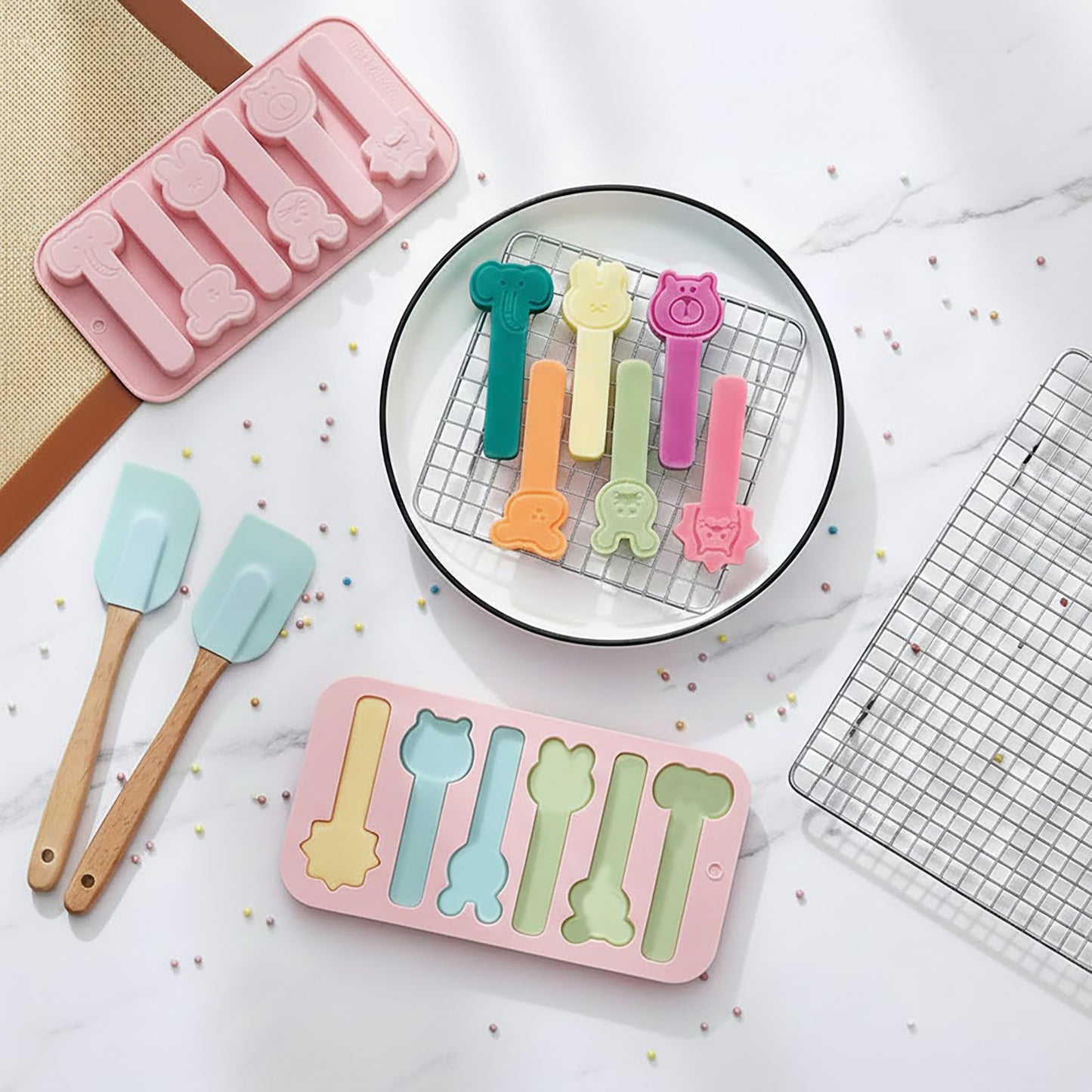 2-Piece Animal Popsicle Silicone Baking Mold Set Nonstick Flexible Ice Pop Dessert Mold