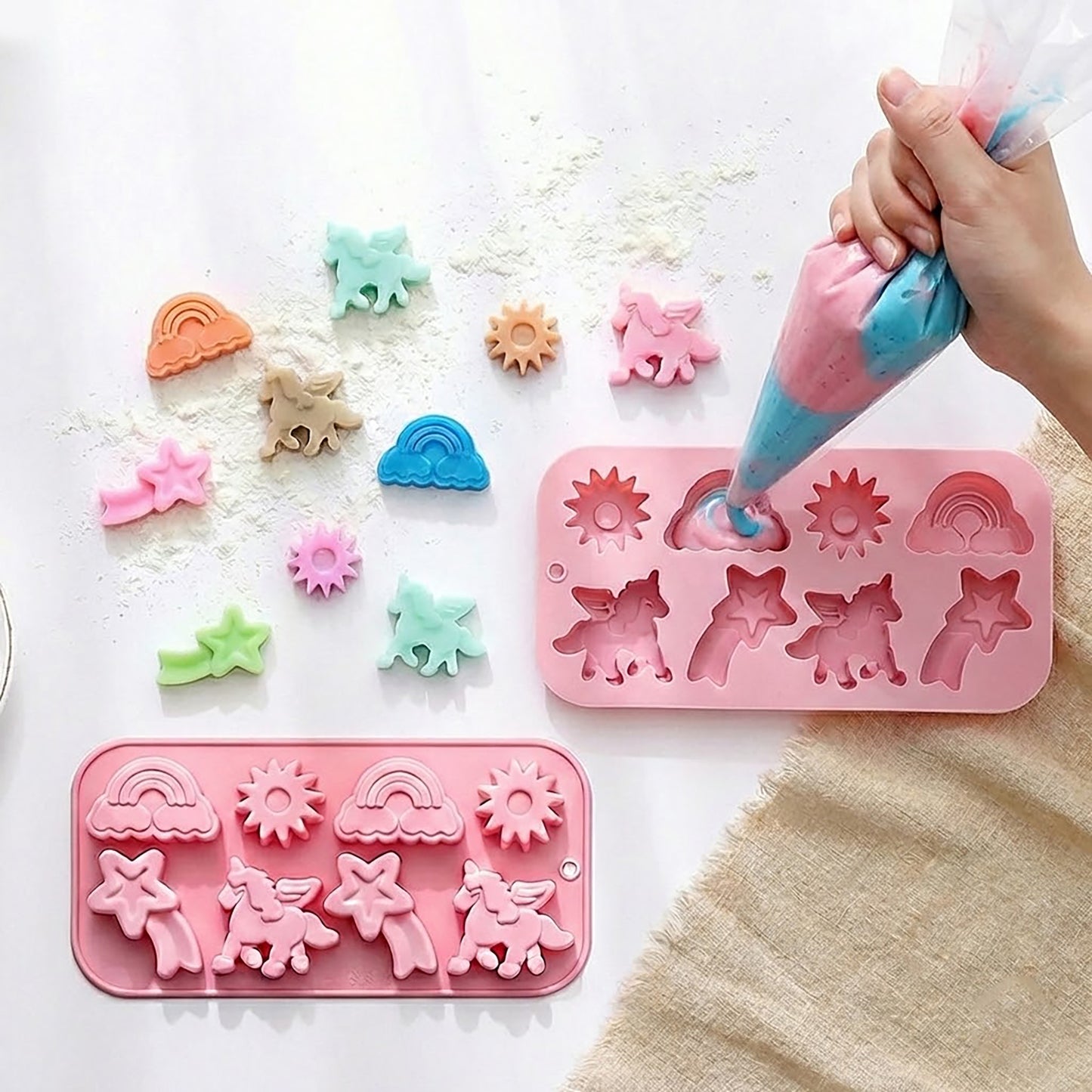 2-Piece Rainbow and Unicorn Silicone Baking Mold Set Nonstick Flexible Candy Dessert Mold