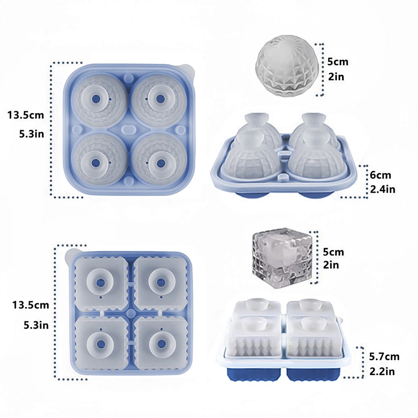 2-Piece Ice Cube Tray Set Round and Square Large Mold with Easy Release Flexible Silicone Design