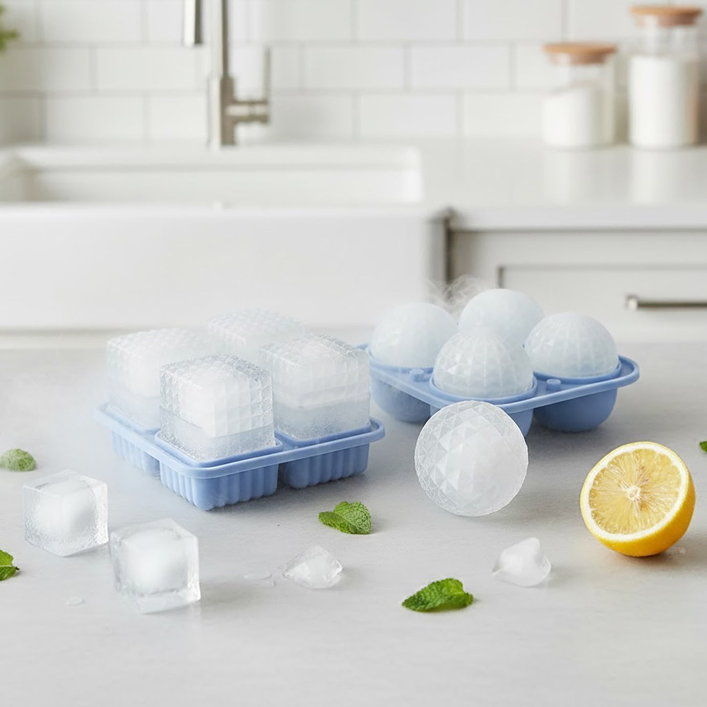 2-Piece Ice Cube Tray Set Round and Square Large Mold with Easy Release Flexible Silicone Design