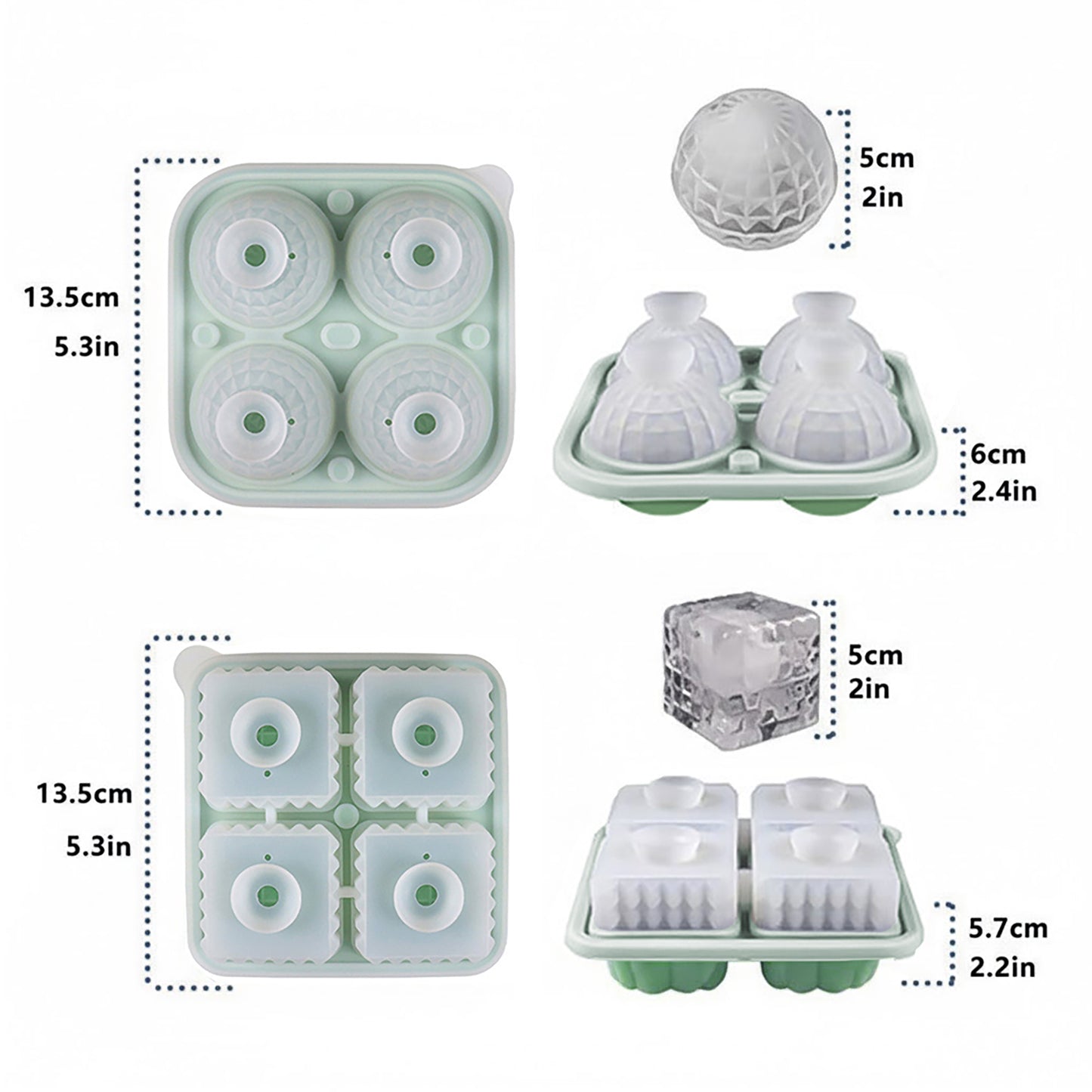 2-Piece Ice Cube Tray Set Round and Square Large Mold with Easy Release Flexible Silicone Design