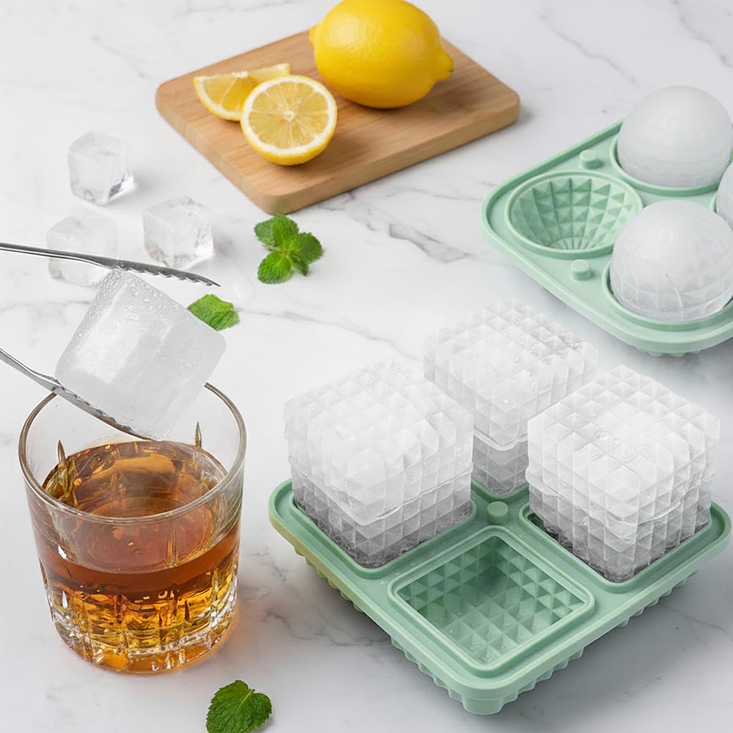 2-Piece Ice Cube Tray Set Round and Square Large Mold with Easy Release Flexible Silicone Design