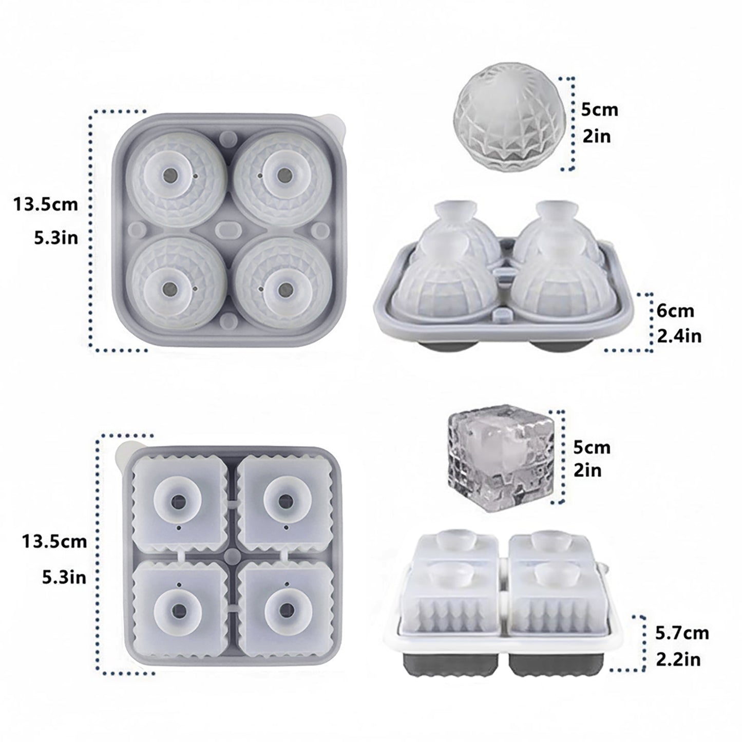 2-Piece Ice Cube Tray Set Round and Square Large Mold with Easy Release Flexible Silicone Design