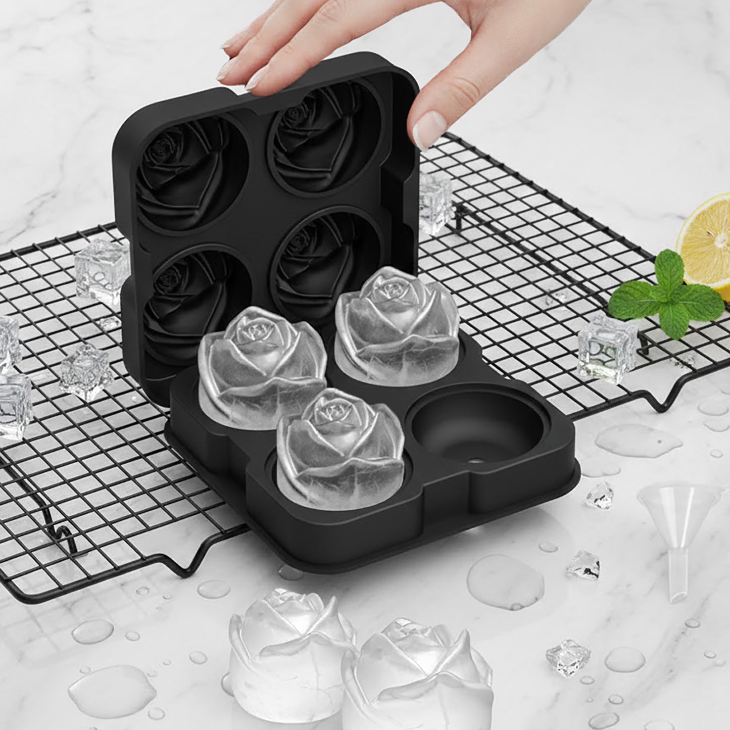 2-Pack Rose Silicone Ice Mold 4-Cavity Large Flower Ice Cube Tray with Lid