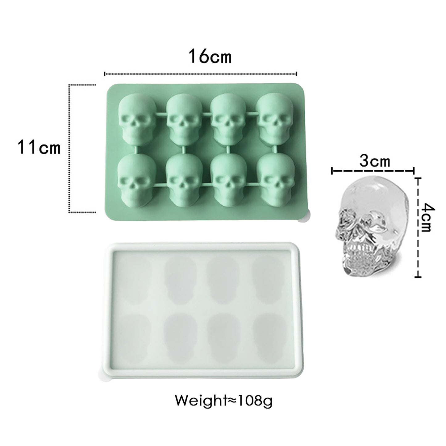 2-Pack Skull Silicone Ice Cube Tray 8-Cavity Flexible Nonstick Halloween Drink Mold