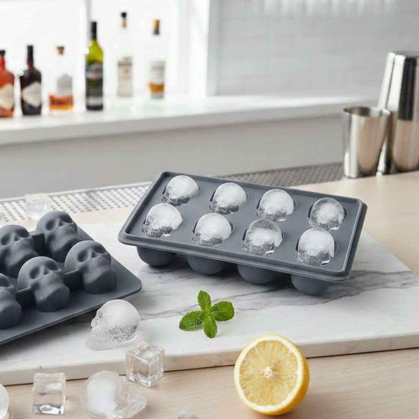 2-Pack Skull Silicone Ice Cube Tray 8-Cavity Flexible Nonstick Halloween Drink Mold