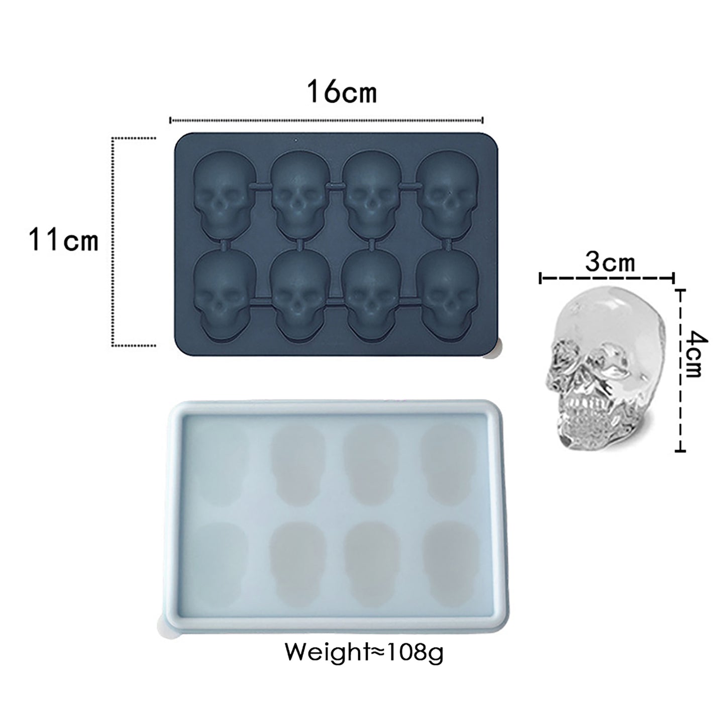 2-Pack Skull Silicone Ice Cube Tray 8-Cavity Flexible Nonstick Halloween Drink Mold