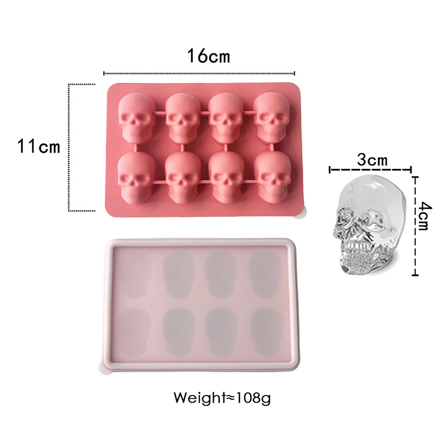 2-Pack Skull Silicone Ice Cube Tray 8-Cavity Flexible Nonstick Halloween Drink Mold
