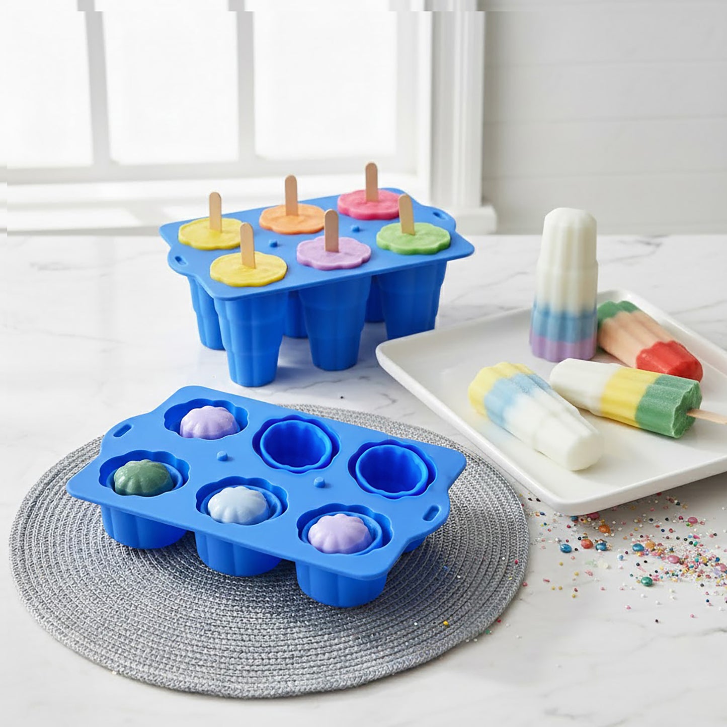 6-Cavity Silicone Popsicle Mold with Reusable Lid Flexible Nonstick Frozen Treat Tray