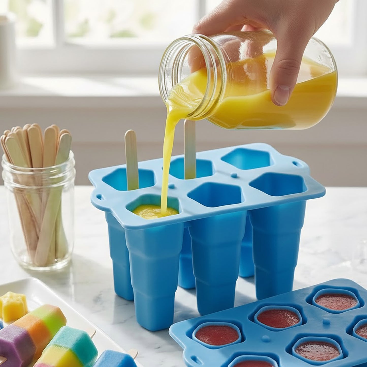 Silicone Popsicle Mold with Lid Reusable Ice Pop Maker Tray with 6 Cavities