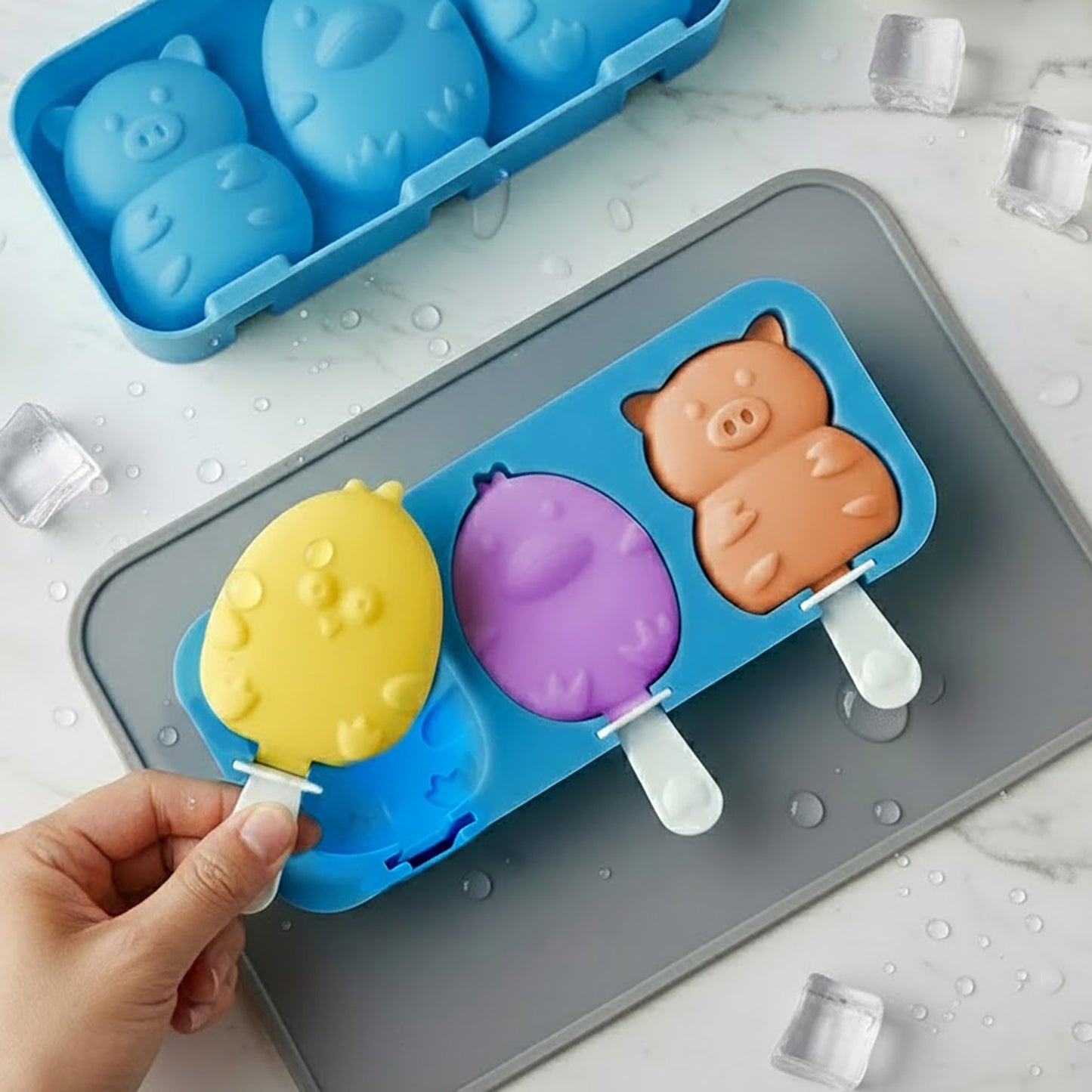 Silicone Animal Ice Mold Tray Cute Pig Duck Chick Shape Reusable Freezer Mold Set 2 Piece