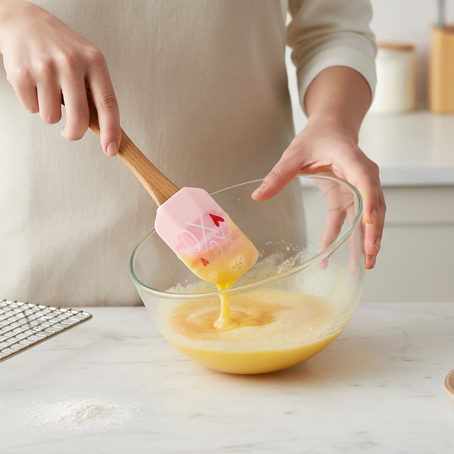 Silicone Spatula Set XO Heart Print Wooden Handle Heat Resistant Baking Mixing Kitchen Tools 3 Piece