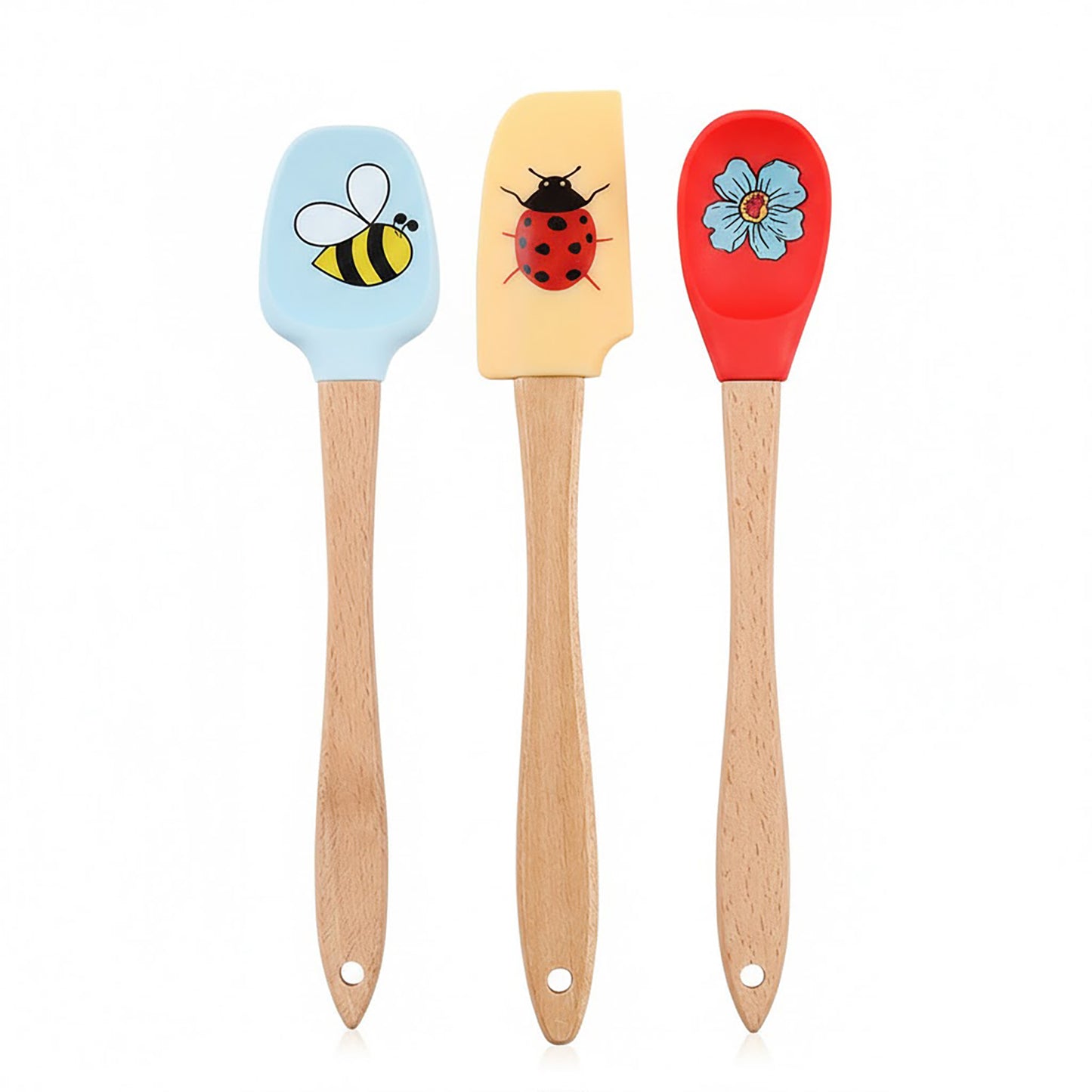3-PC Silicone Spatula Set Wooden Handle, Bee Ladybug Flower Print, Heat Resistant Baking Tools
