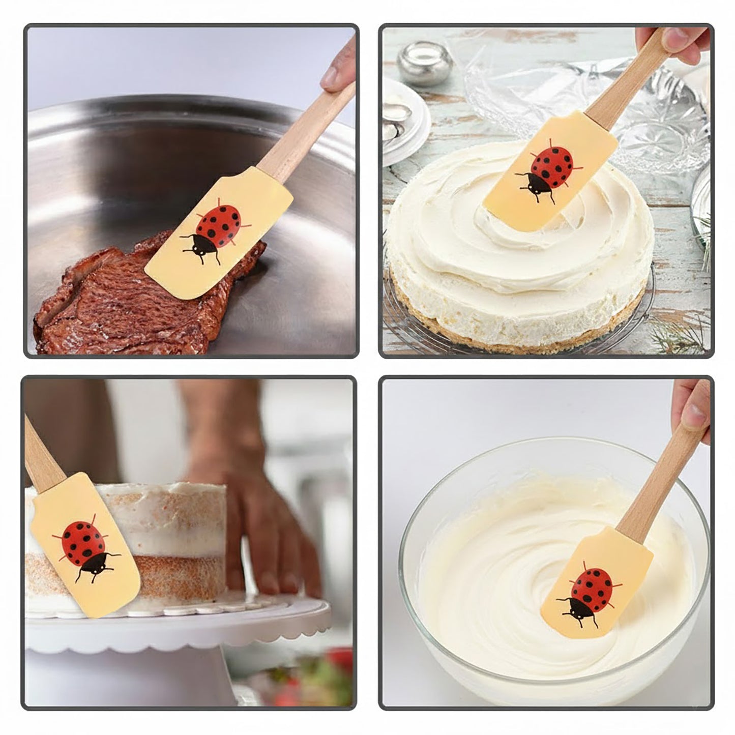 3-PC Silicone Spatula Set Wooden Handle, Bee Ladybug Flower Print, Heat Resistant Baking Tools